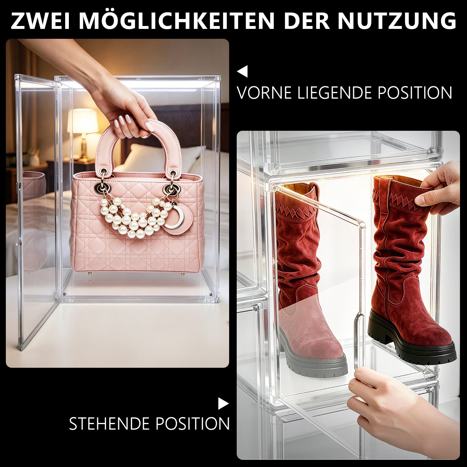 XIIW Aufbewahrungsbox LED Vitrine Transparente Schuhboxen Displaybox Organizer Schaukasten (Set, 2 St., 44×33×33cm Stapelfähig mit Magnettür), für Modelle Spielzeug Handtasche Sammelfiguren