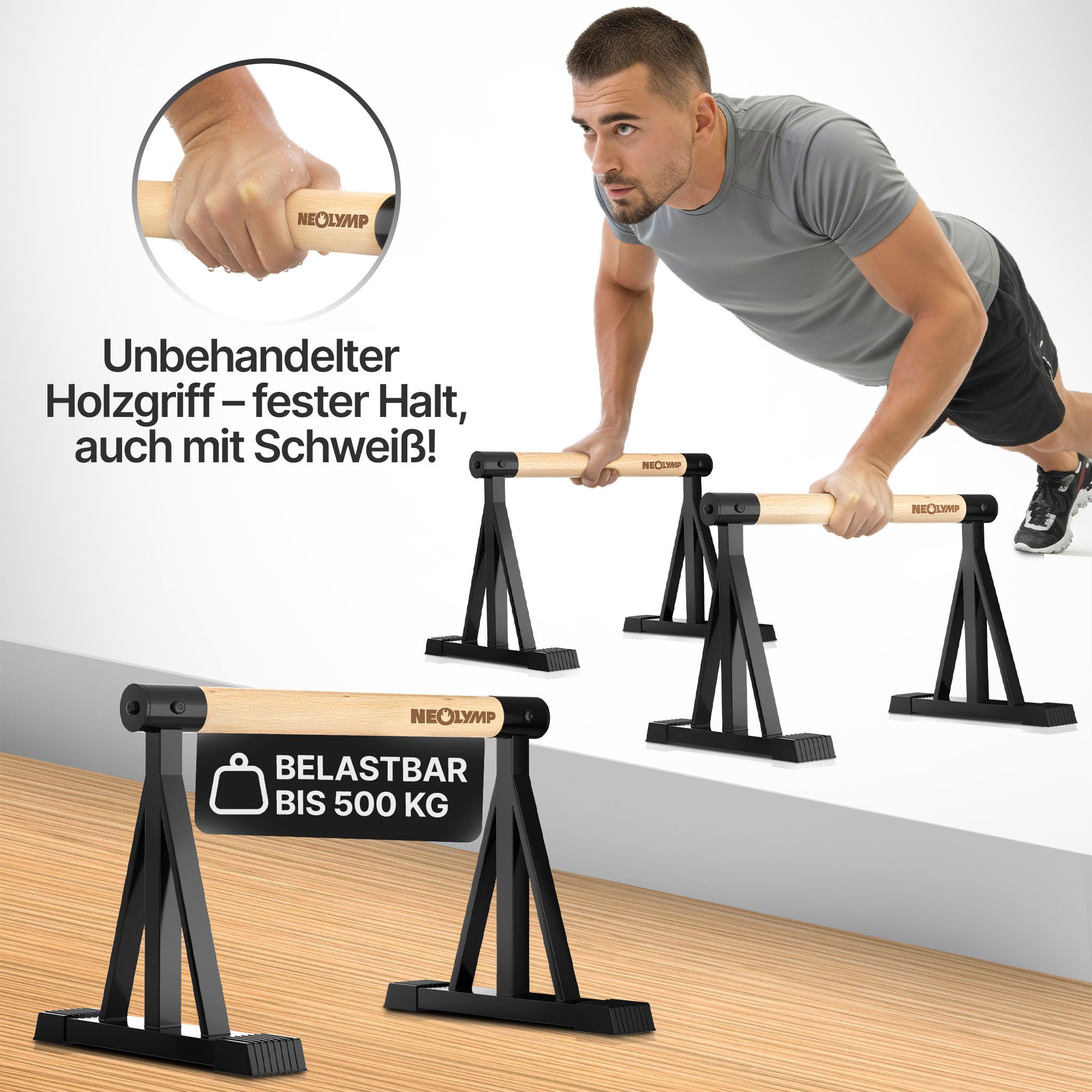 NEOLYMP Liegestützgriffe Parallettes Holz - Calisthenics Equipment Liegestützgriffe - Push Up (Set, Push Up Bars belastbar bis 500 kg - inkl. E-Book & Grip Tapes), Handstand Griffe aus massivem Holz & Stahl - rutschfest & ergonomisch