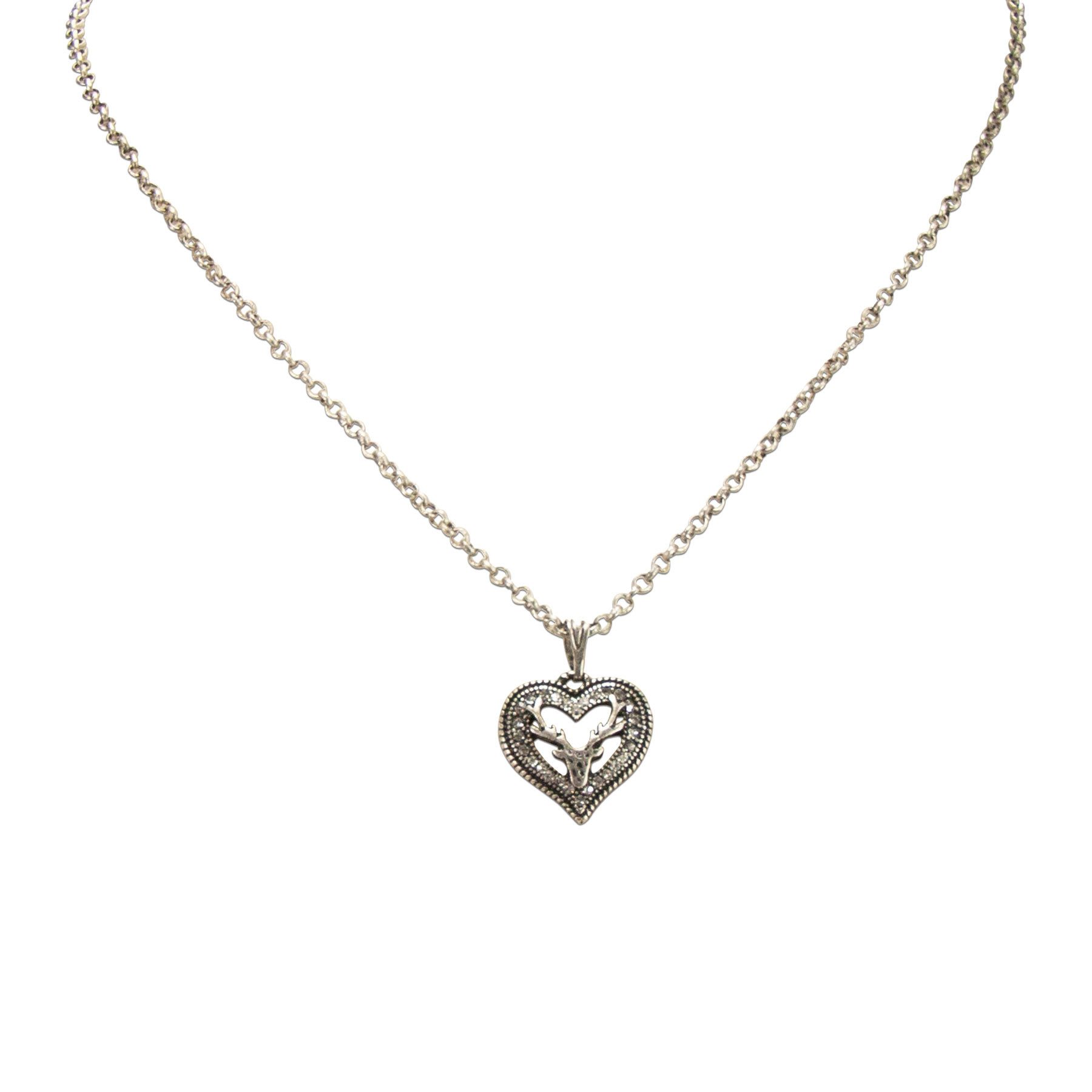 Alpenflüstern Collier Trachtenkette Metall-Halskette Strassherz-Hirsch (antik-silber-farben), - Damen-Trachtenschmuck Dirndlkette – Bild 3 von 4
