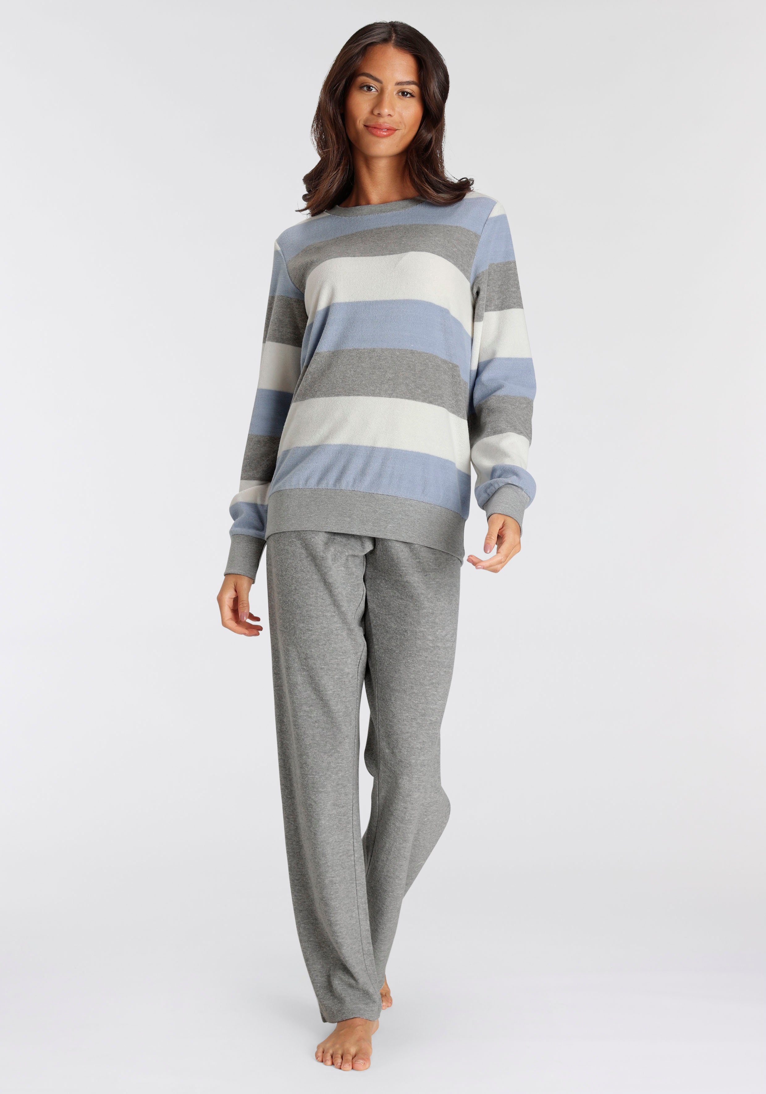 Vivance Dreams Pyjama (2 tlg) aus weichem Frottée und mit Colorblock Streifen grau-blau | Pyjama-Sets