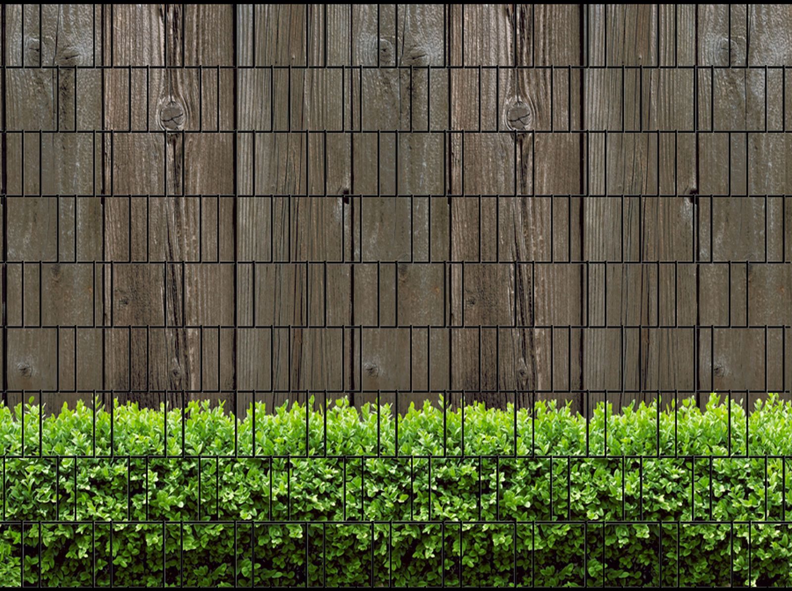 zaunzu Sichtschutzstreifen Holzwand & Buxus - Bedruckter Sichtschutz 2,5m x 1,8m, (1 Rolle, Zaundruck Sichtschutzstreifen), Fotodruck für Doppelstabgitter