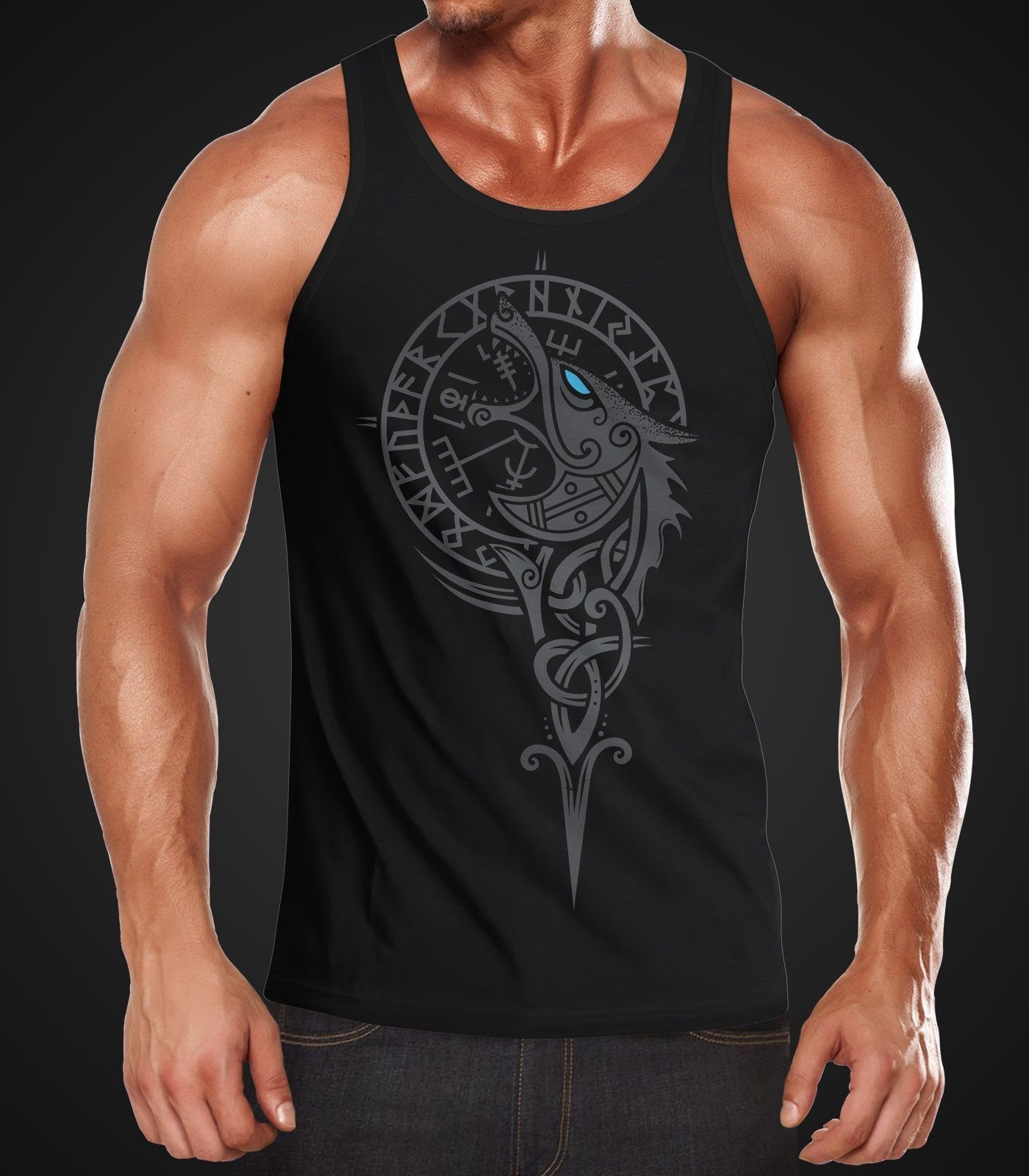 Kompass Herren Valhalla Wolf Asgard Neverless mit Print Vegvisir Tank-Top Muscle Fenrir Neverless® Fenriswolf Tanktop Shirt Wikinger Muskelshirt