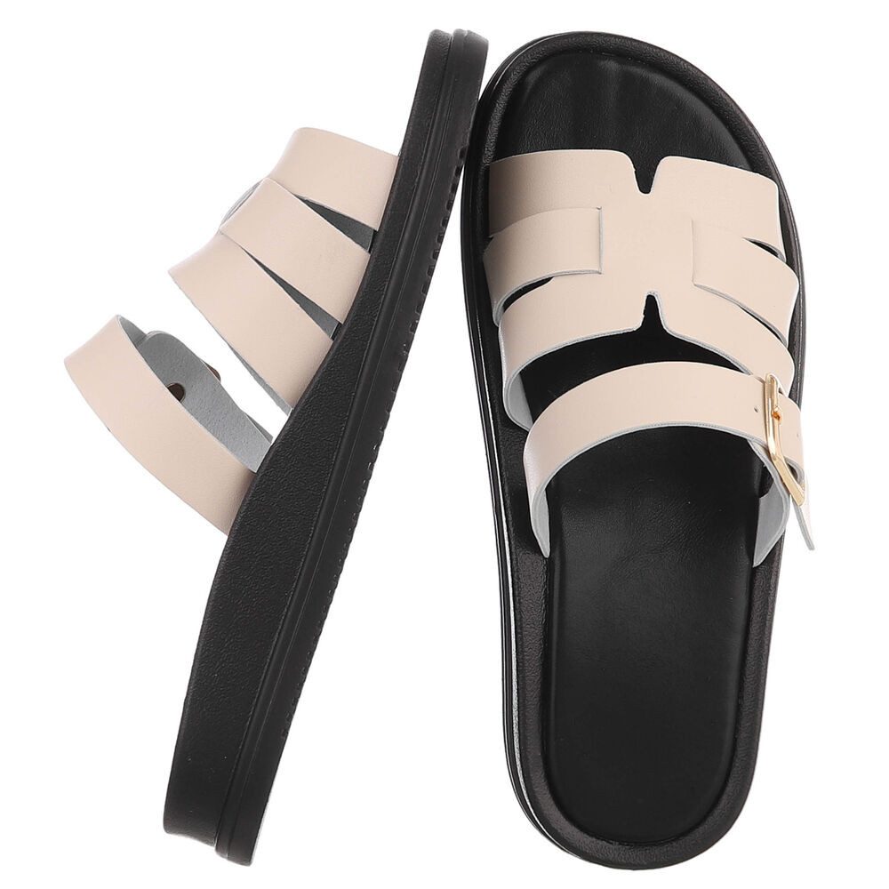 Ital-Design Damen Sandalenslipper mit Schnalle und Profilsohle Pantolette (91742420) Keilabsatz/Wedge Pantoletten in Beige