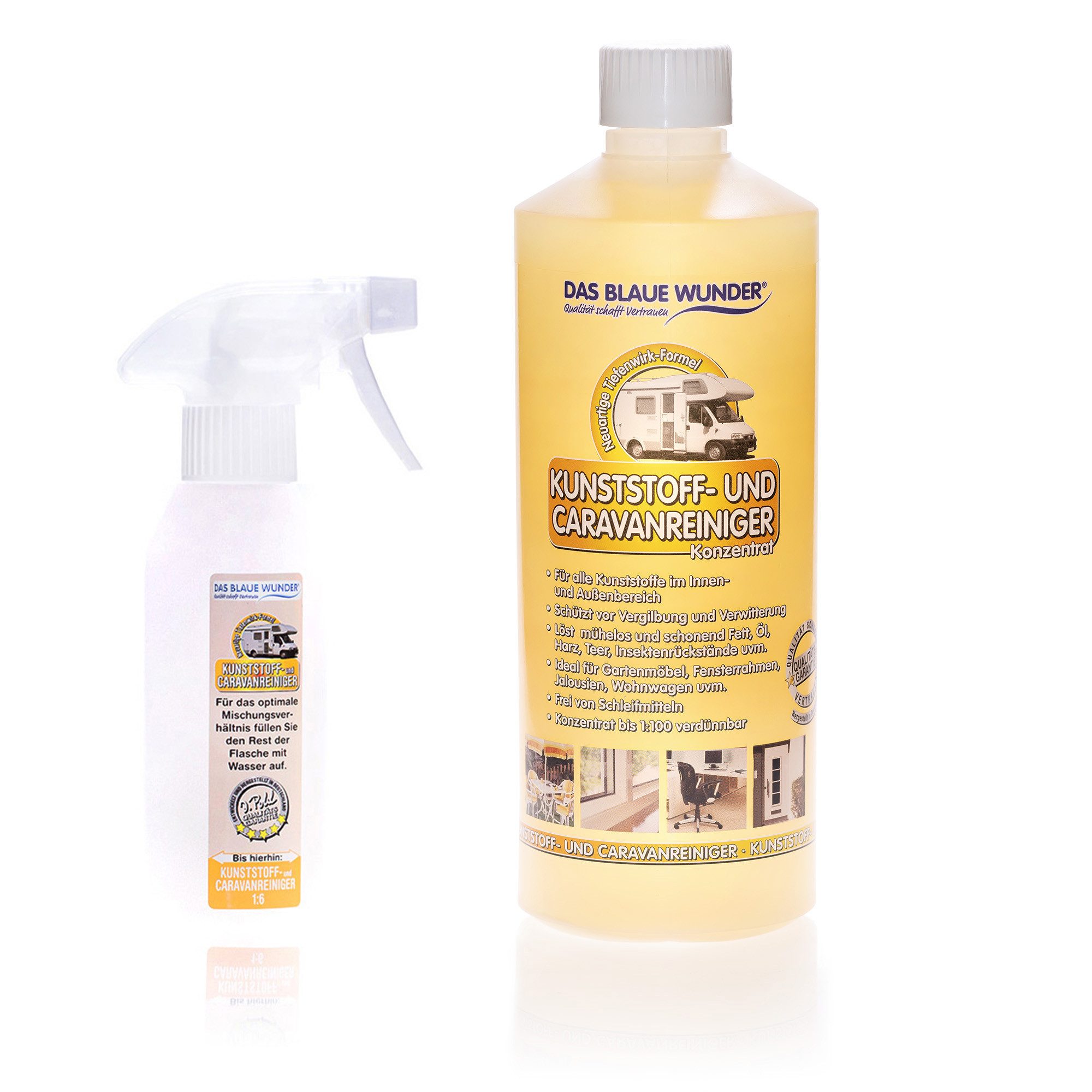 Das Blaue Wunder® Kunststoff- und Caravanreiniger Konzentrat Kunststoffreiniger (inkl. Sprühflasche, für Innen- und Außen, mit Tiefenwirk-Formel, [- 1 x KUNSTSTOFF- UND CARAVANREINIGER (1000ml) + 1 x Sprühflasche löst Fett und Verschmutzungen, Extra stark und verdünnbar)