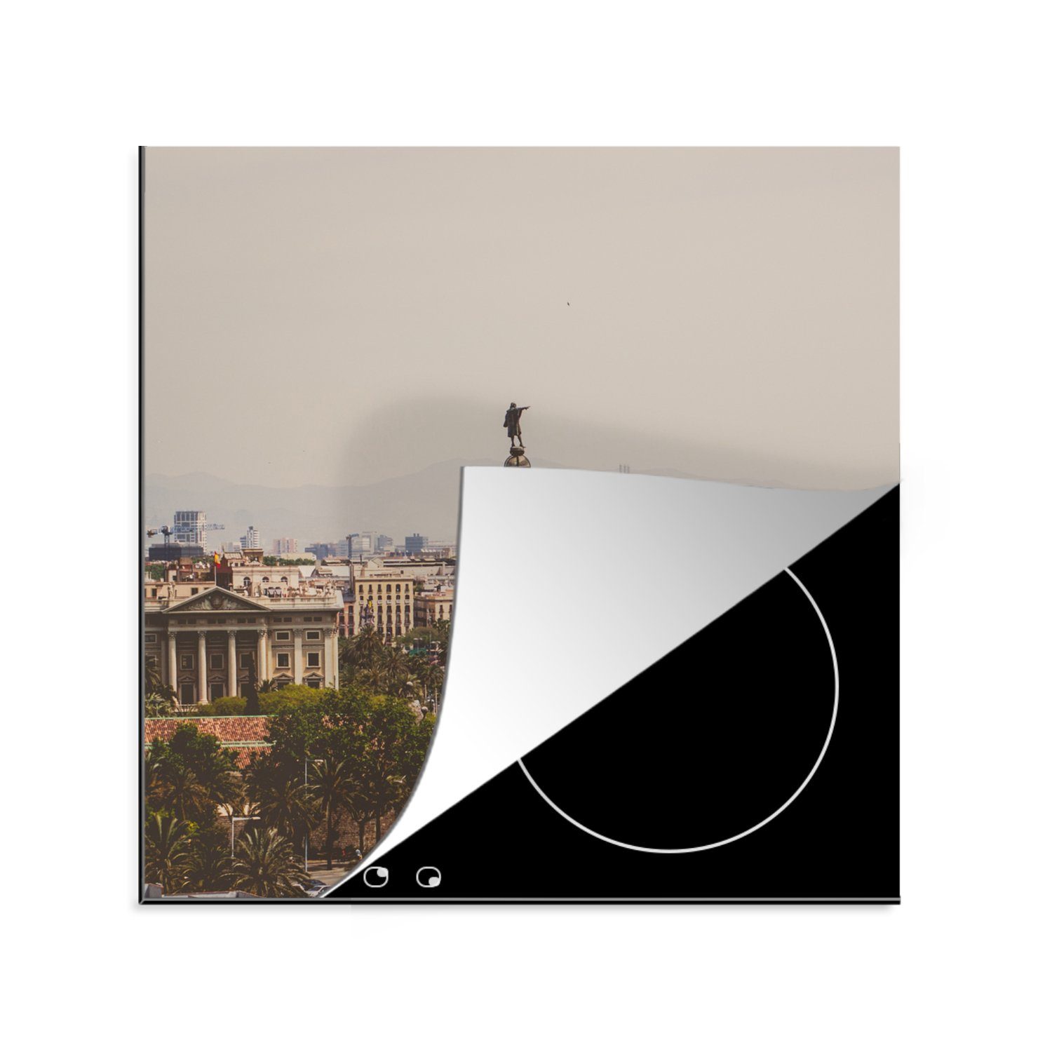 Arbeitsplatte Kolumbus, - Vinyl, Herdblende-/Abdeckplatte Ceranfeldabdeckung, küche Statue für cm, - 78x78 Barcelona tlg), (1 MuchoWow