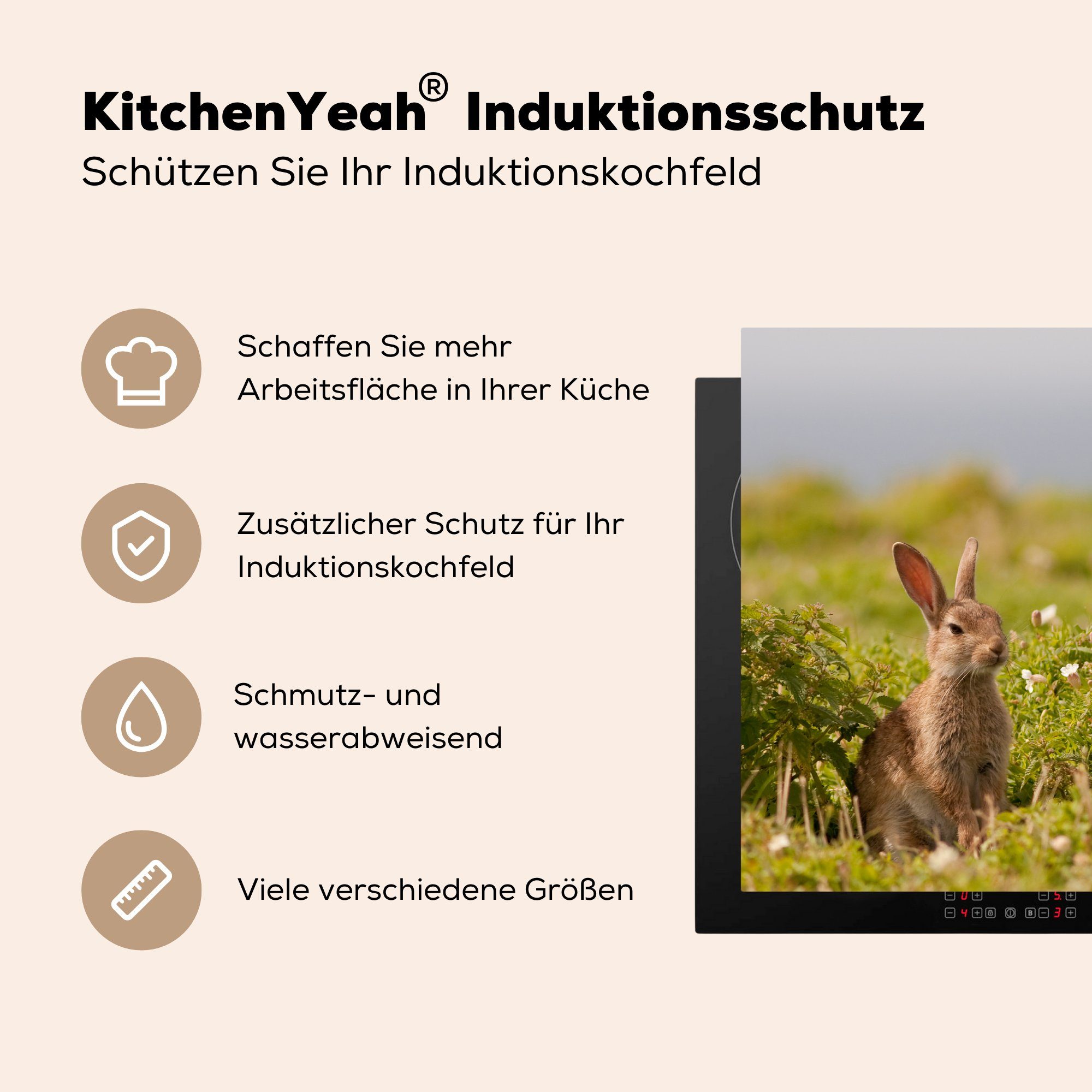 - Schutz - Induktionskochfeld Herdblende-/Abdeckplatte die Vinyl, für Blumen tlg), Kaninchen cm, 81x52 MuchoWow küche, Gras, (1 Ceranfeldabdeckung