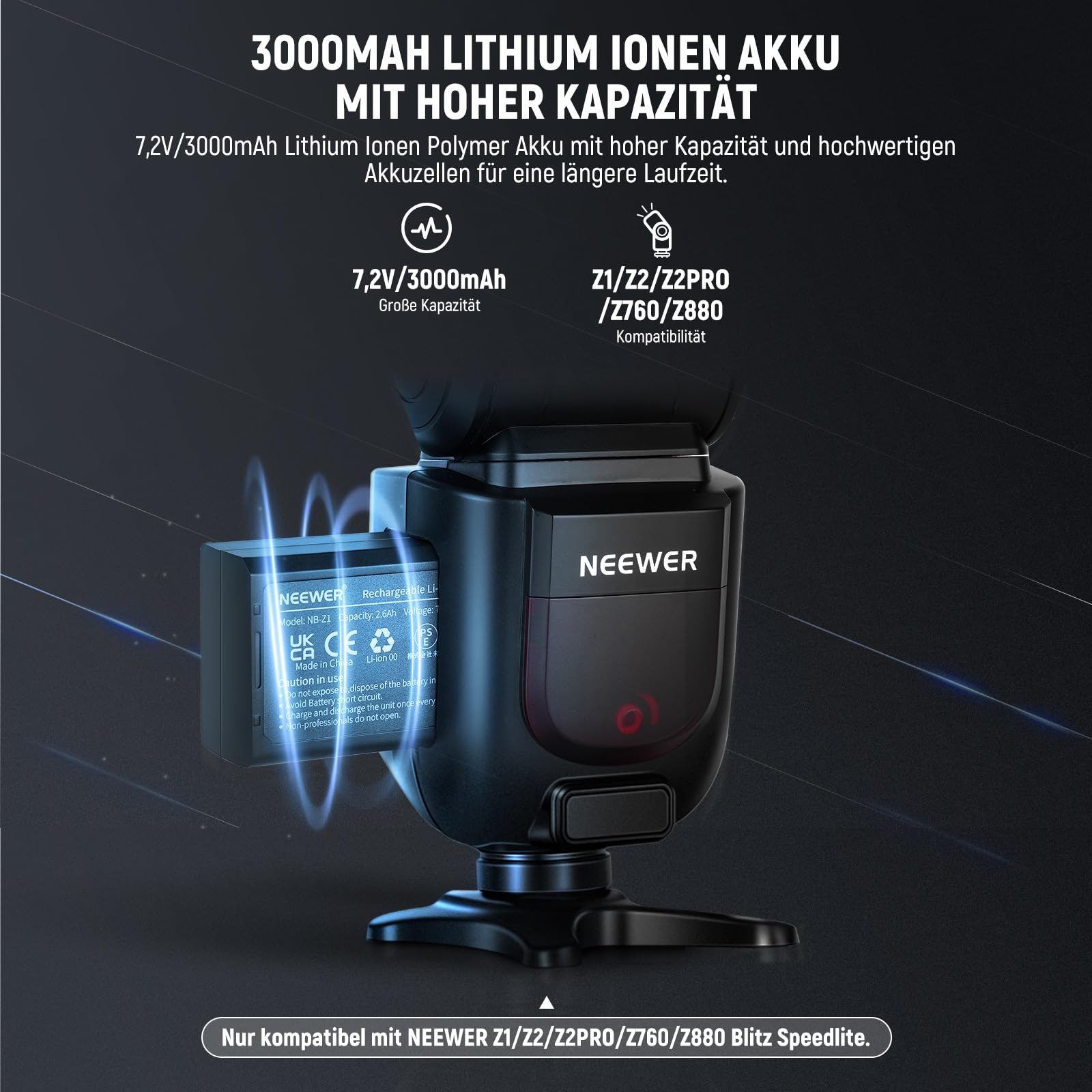 Neewer NB-Z1 PRO 7,2V 3000mAh Li-Ion Akku für Z2PRO/Z2/Z1/Z880 Blitzgeräte Kamera-Akku 3000 mAh, Schnelle und effiziente Ladeoptionen