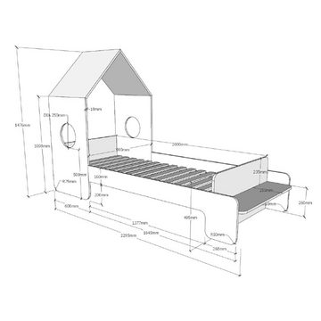 Kindermöbel 24 Hausbett Maxi inkl Rolllattenrost + Sitzbank + Dachüberbau