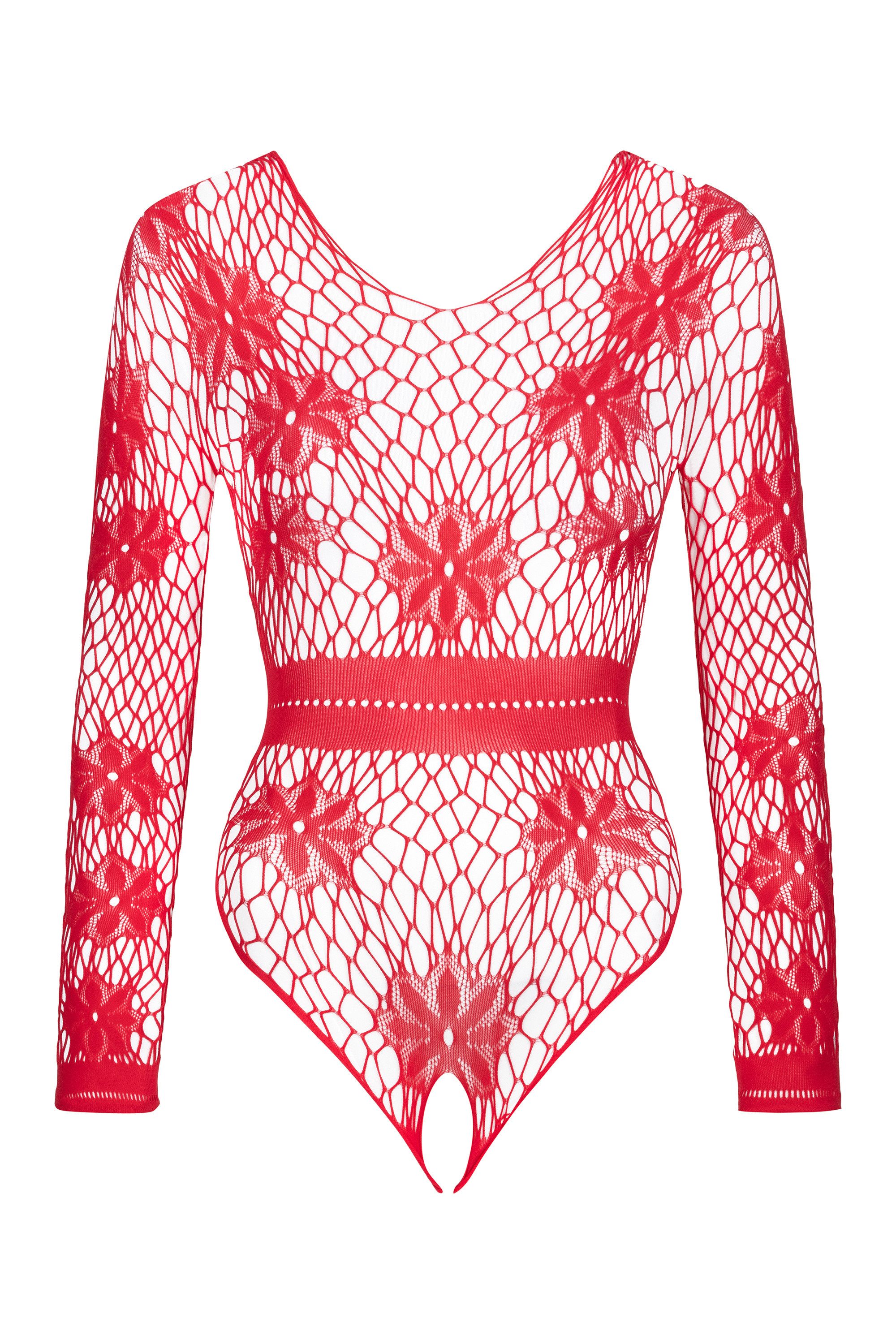 Beauty Night Fashion Body Ouvert-Body Regina rot aus Netz langärmlig