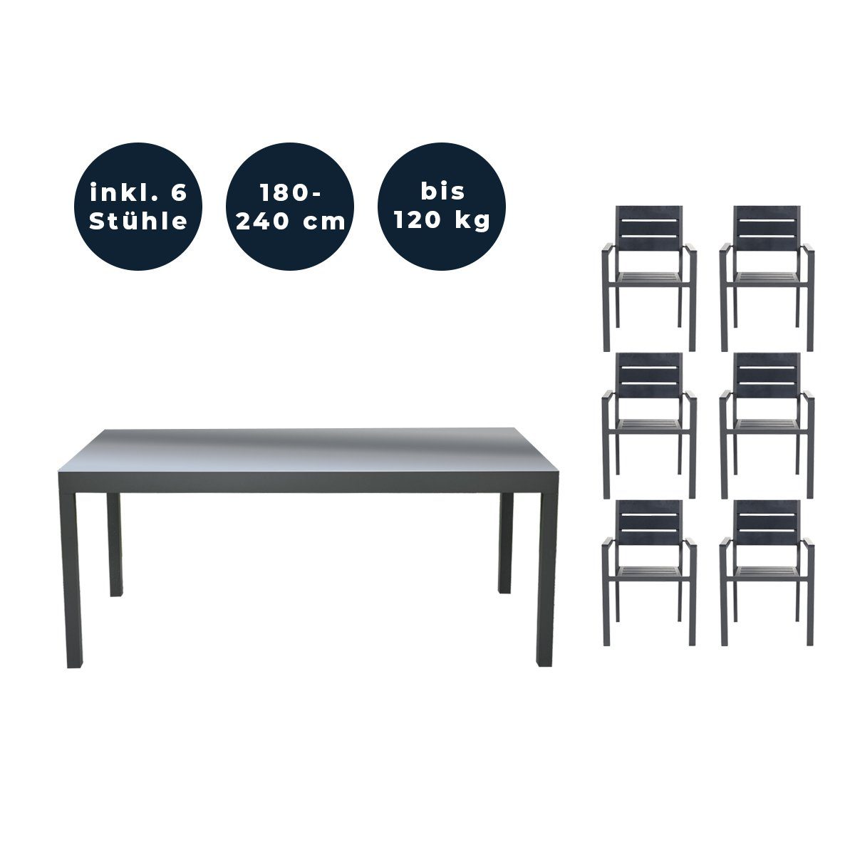 HOME DELUXE Sitzgruppe SOL MADERA, (inkl. 1 x Gartentisch & 6 x stapelbare Gartenstühle, 7-tlg., schnell ausziehbar 180 - 240 cm, aus robustem Aluminium, Gartenmöbel), schnell ausziehbar 180 - 240 cm, aus robustem Aluminium, Gartenmöbel