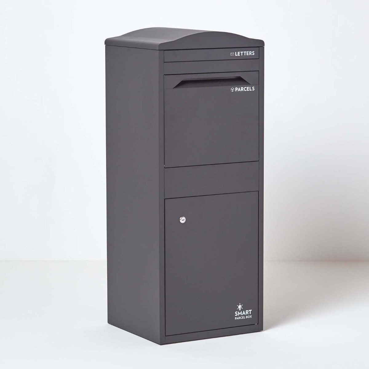 Smart Parcel Box Paketbriefkasten Großer Paketbriefkasten mit gebogenem Dach, Entnahme vorne, grau