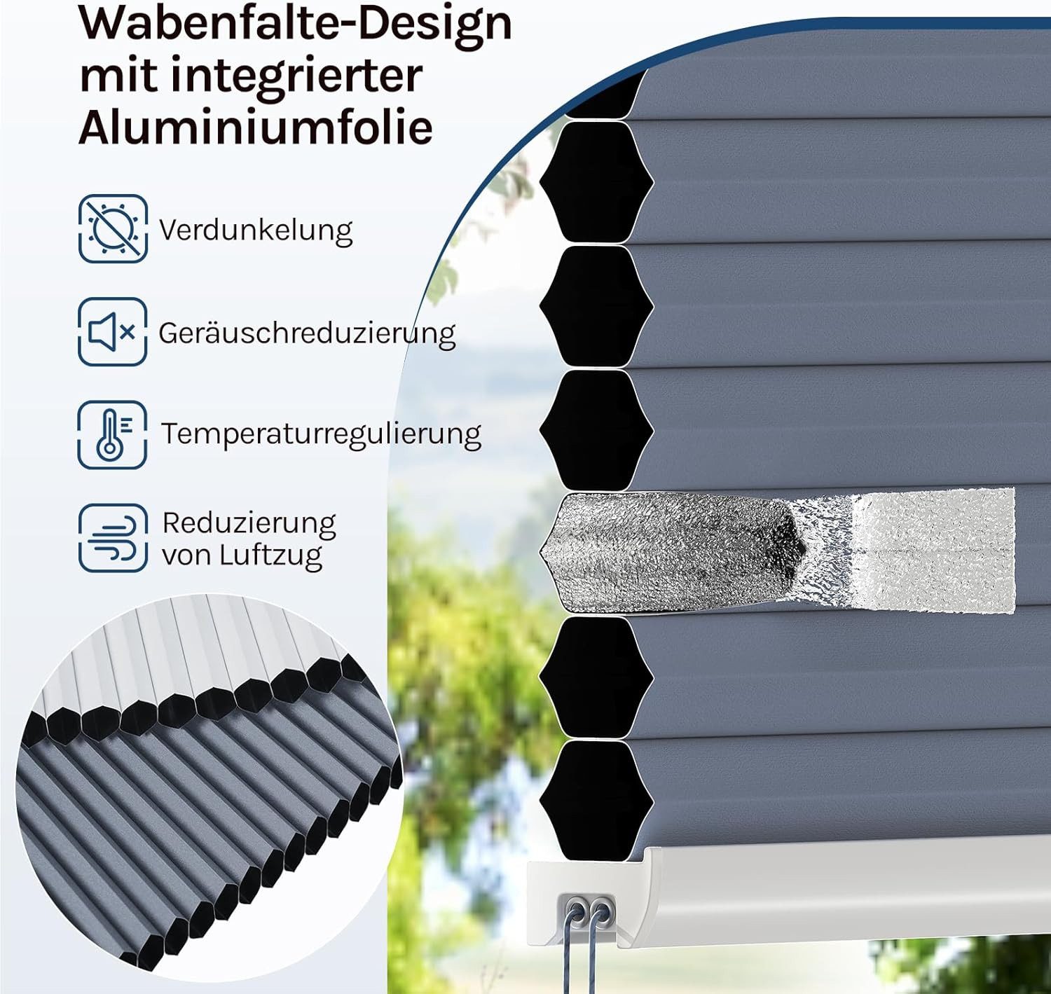 Woltu Plissee, verdunkelnd, verspannt, Klemmfix, Wabenplissees ohne Bohren