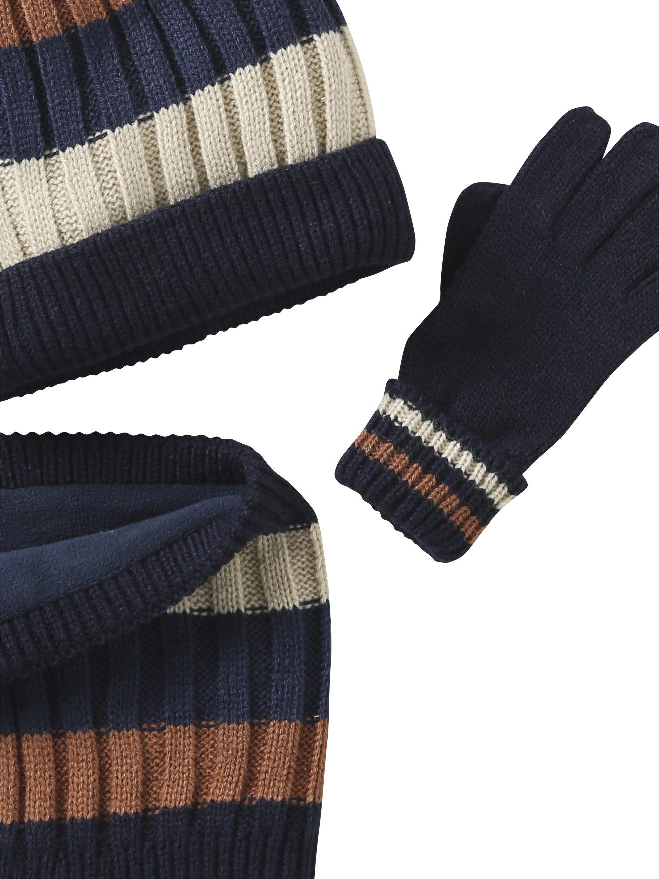 vertbaudet Mütze & Schal Jungen Set: Mütze, Snood und Handschuhe gestreift