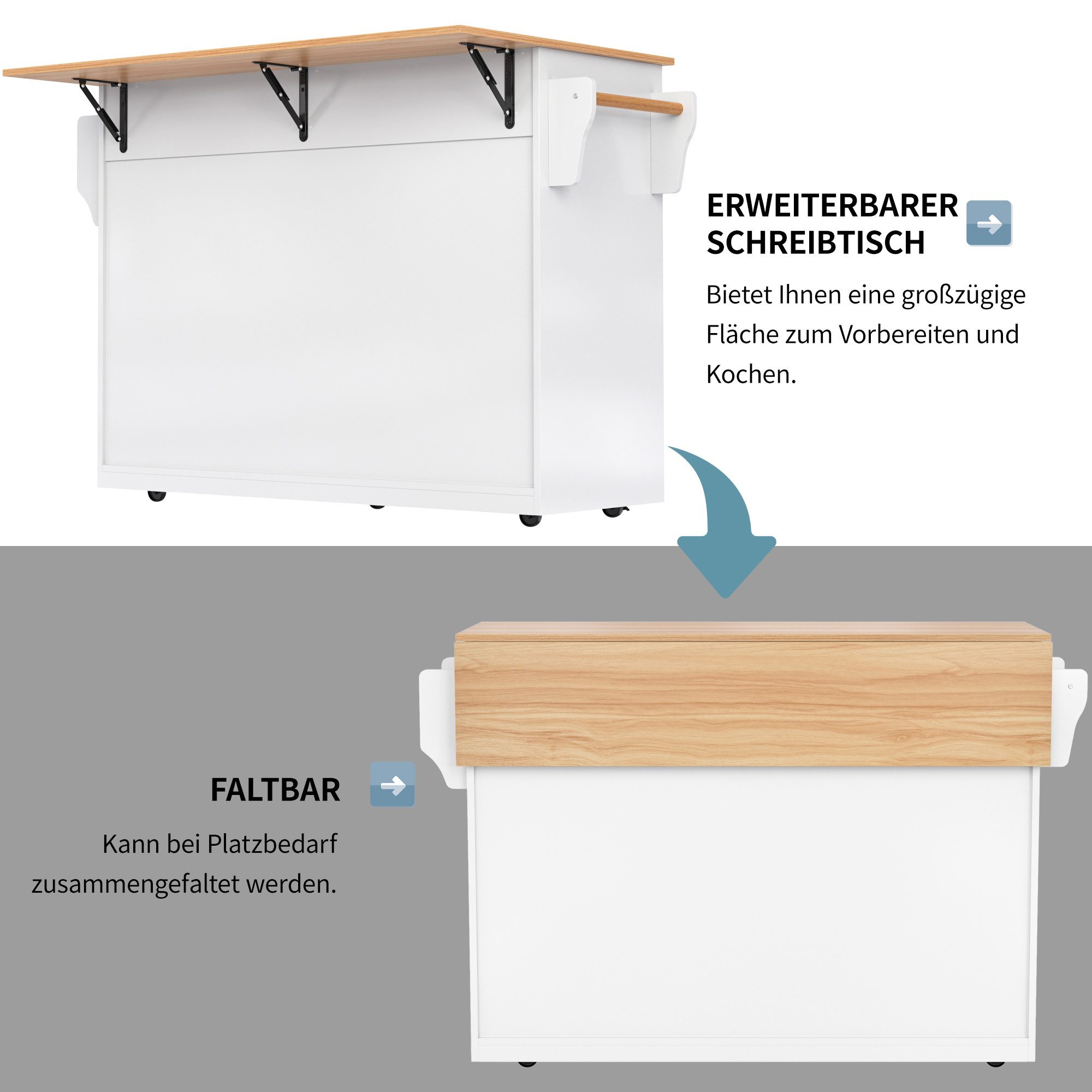 Flieks Küchenwagen mit Rollen und austauschbaren Massivholzbeinen, (1 St), Servierwagen mit erweiterbarer Arbeitsplatte Kücheninsel Küchenschrank – Bild 5 von 5