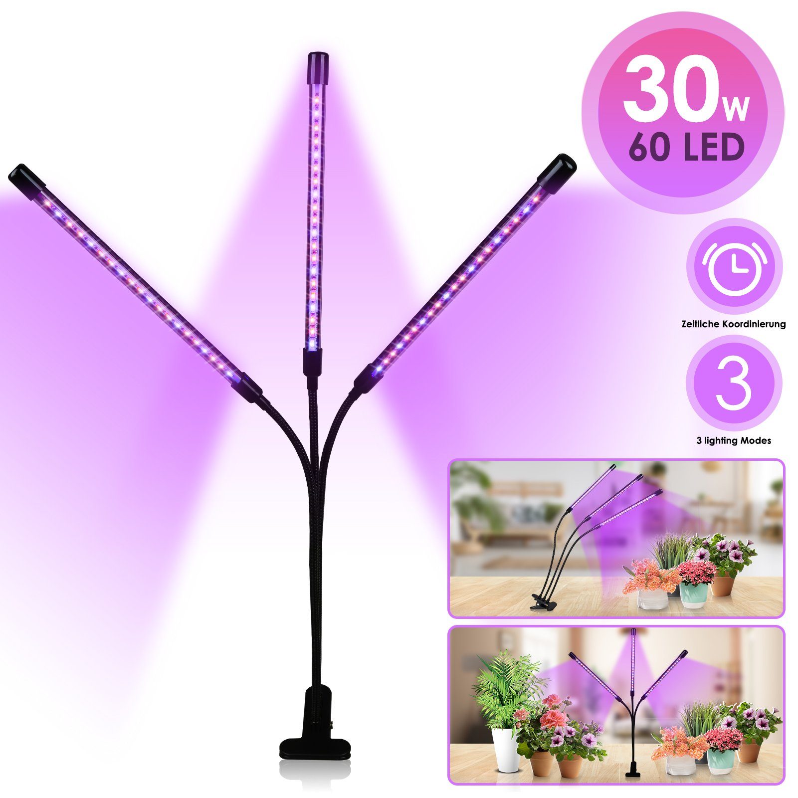 Lospitch Pflanzenlampe LED Pflanzenlicht 30W Dimmbar Vollspektrum 3 Kopf Wachstumslampe, Grow Light mit 3 Licht Modus, 10 Helligkeitsstufen