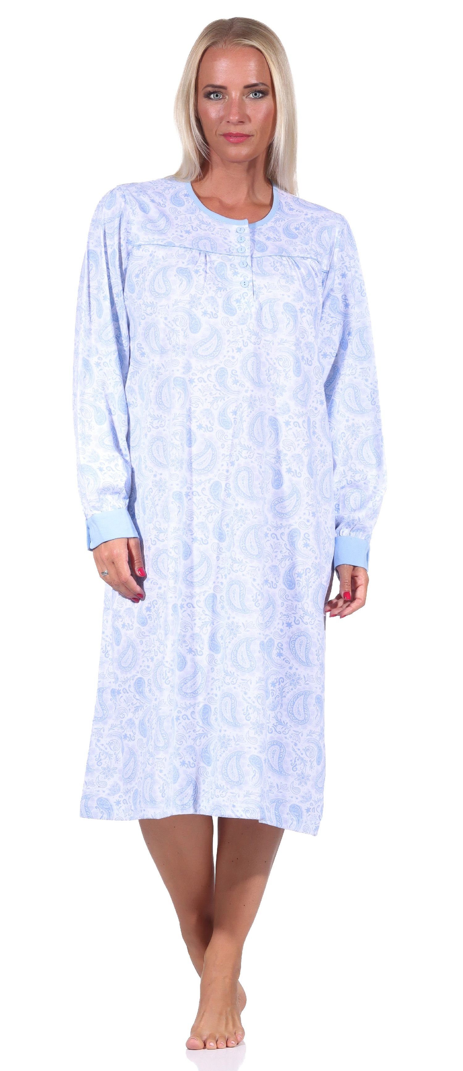 Muster, am hellblau Normann mit Paisley Nachthemd Hals Frauliches Knopfleiste Damen Nachthemd
