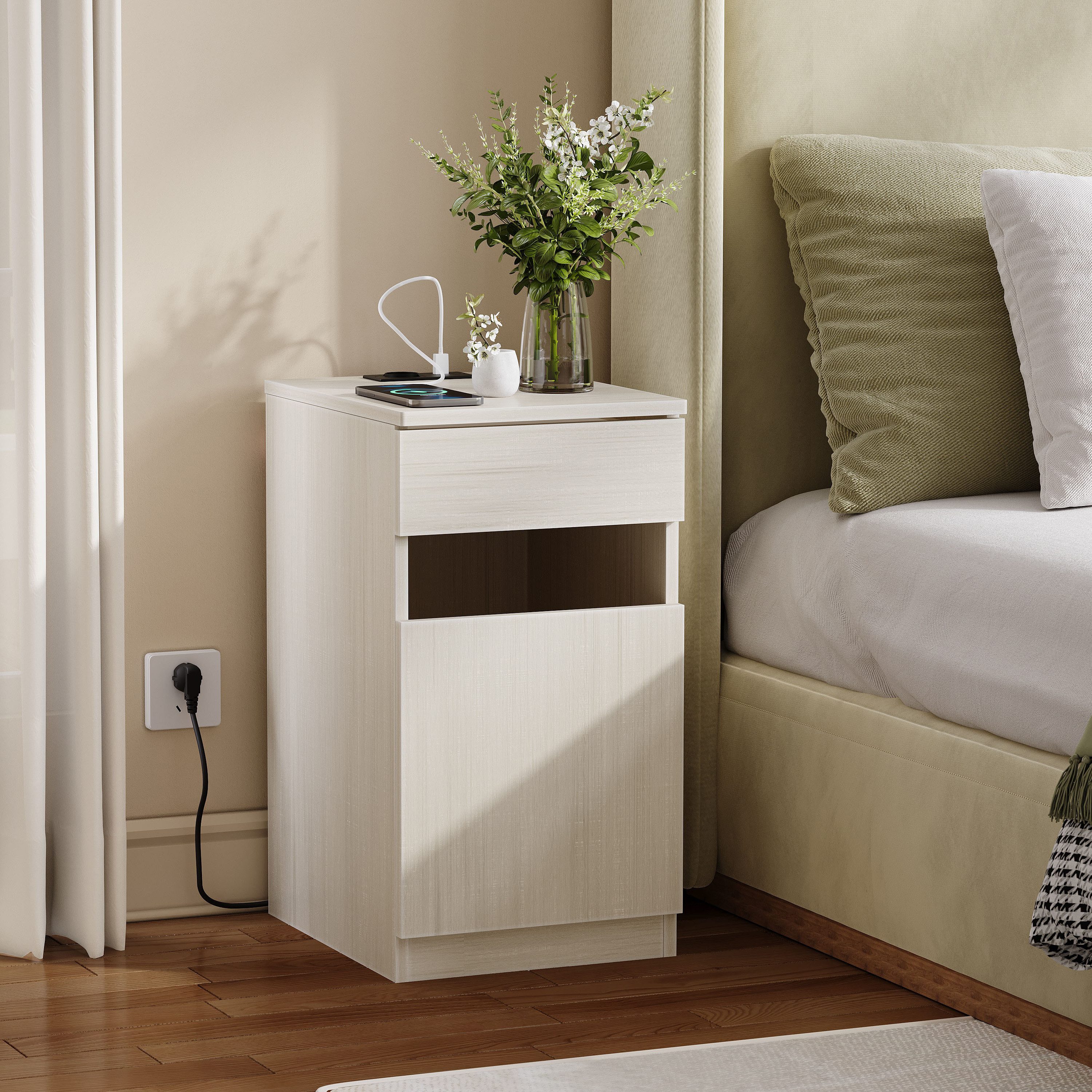 REDOM Nachttisch USB-Ports & Steckdose, mit Schublade, praktischer Stauraum (Packung, 1-St., 33x40x61,5 cm Nachtkonsole in Walnuss-Optik mit integriertem Mülleimer), Vielseitig als Nachttisch, Beistelltisch oder Kopfteilablage nutzbar