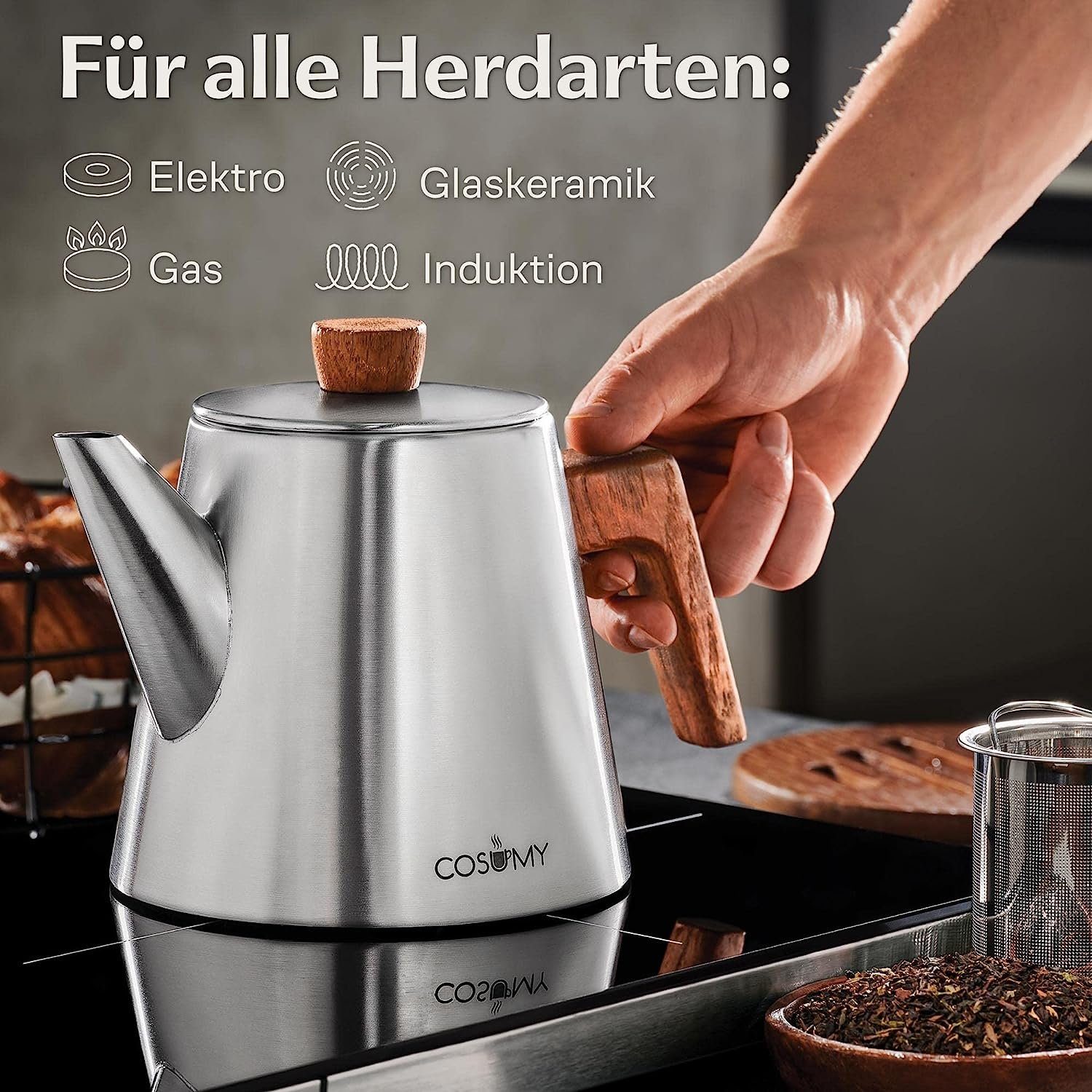 Cosumy Teekanne mit Siebeinsatz und Untersetzer - Edelstahl & FSC Holz - Induktion, 1,2 l, (Set, 1-St., Teekanne mit Siebeinsatz und Untersetzer), Kanne mit Sie – Bild 4 von 5