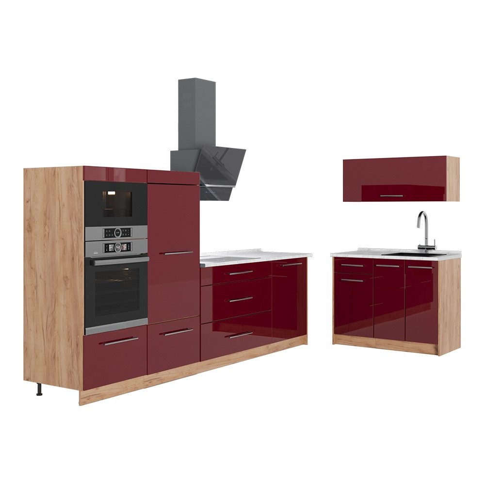 Vicco Küchenzeile Fame-Line, Bordeaux Hochglanz/Goldkraft Eiche, 380 cm, AP Marmor