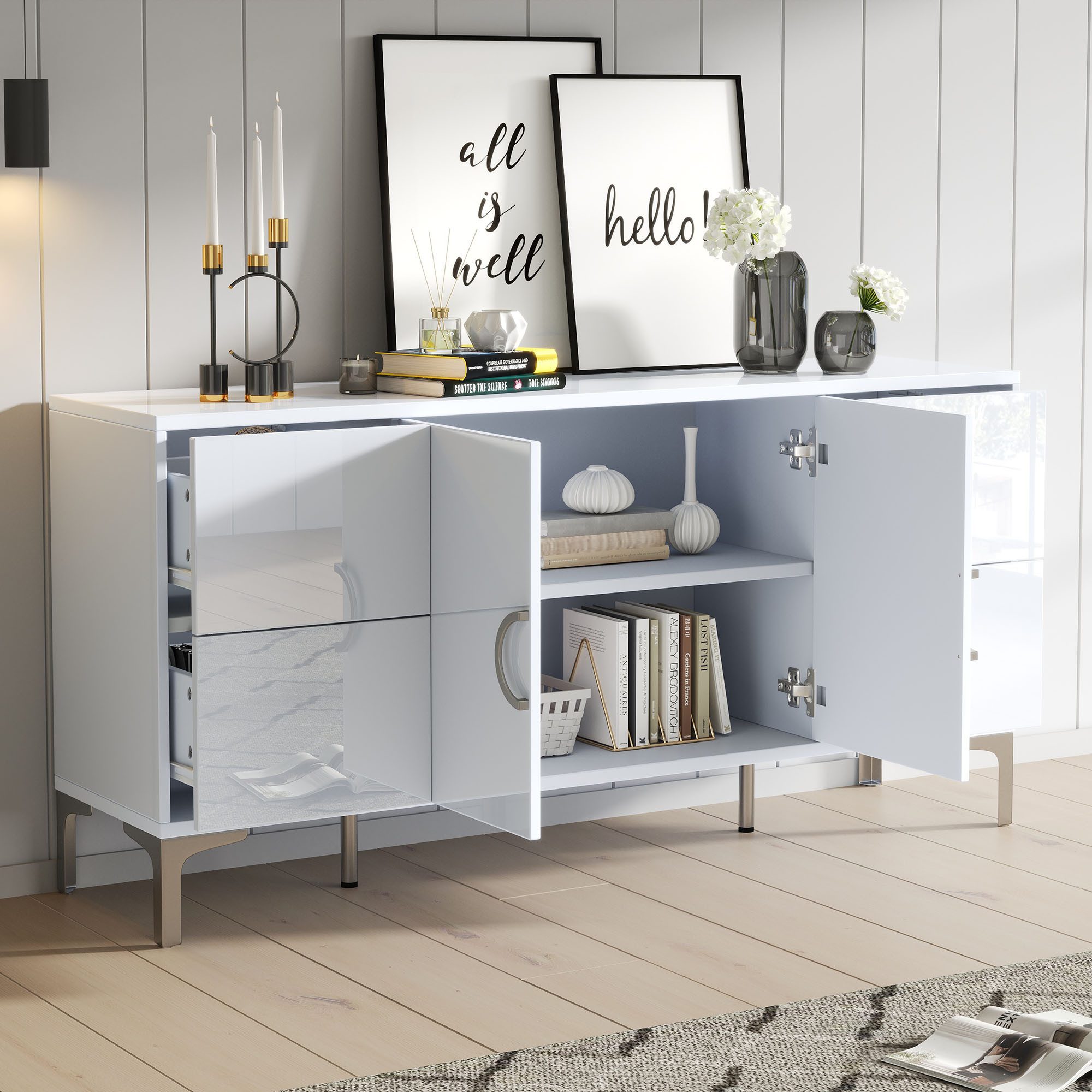 Merax Sideboard Hochglänzender Beistellschrank Esszimmerschrank (1 St), Kommode mit 4 Schubladen und 2 Türen, Wohnzimmerschrank, 150x38x59,5cm
