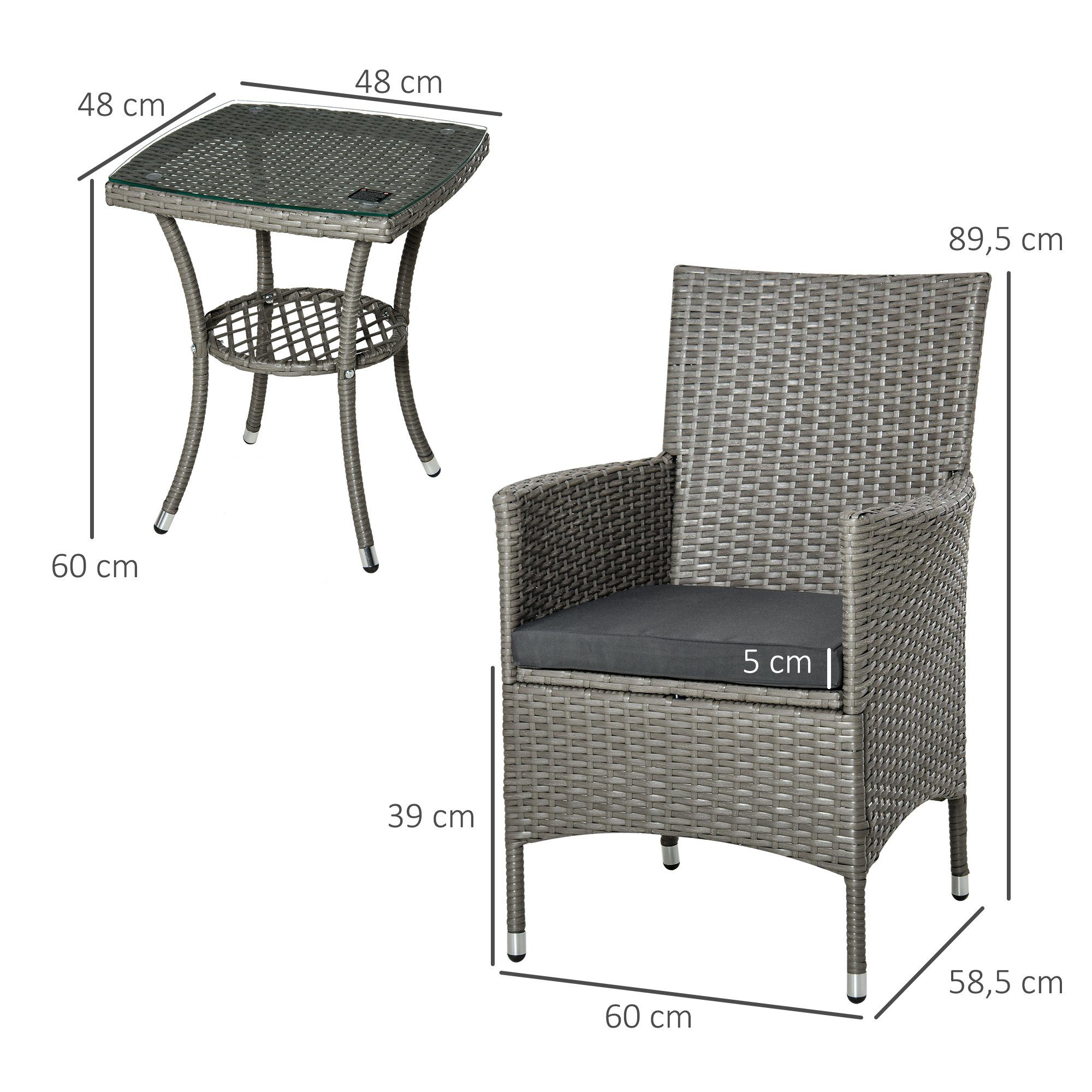 Outsunny Sitzgruppe Polyrattan Outdoor Lounge Balkonmöbel mit 2 Stühle, Tisch Sitzkissen, (Sitzgarnitur, 3-tlg., Gartenmöbel Set), Grau 60 x 58,5 x 89,5 cm