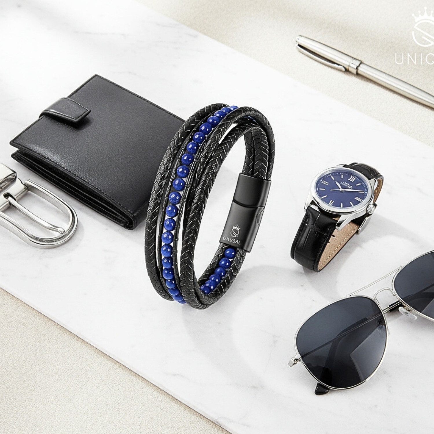 UNIQAL.de Lederarmband DELUXE – elegantes Unisex Natursteinarmband aus Echtleder (geflochten mit Magnetverschluss & Verlängerungsglied, edel, handgefertigt, hochwertig & perfekt als Geschenk), – deutsche Marke, registrierter Händler