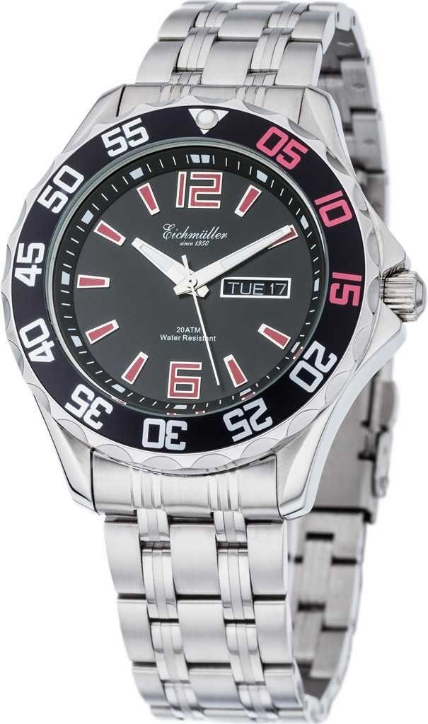 Eichmüller Taucheruhr Edelstahlarmband, Wasserdicht bis 20 ATM, Schwarz-Rot, 3480-07, Ø 41 mm