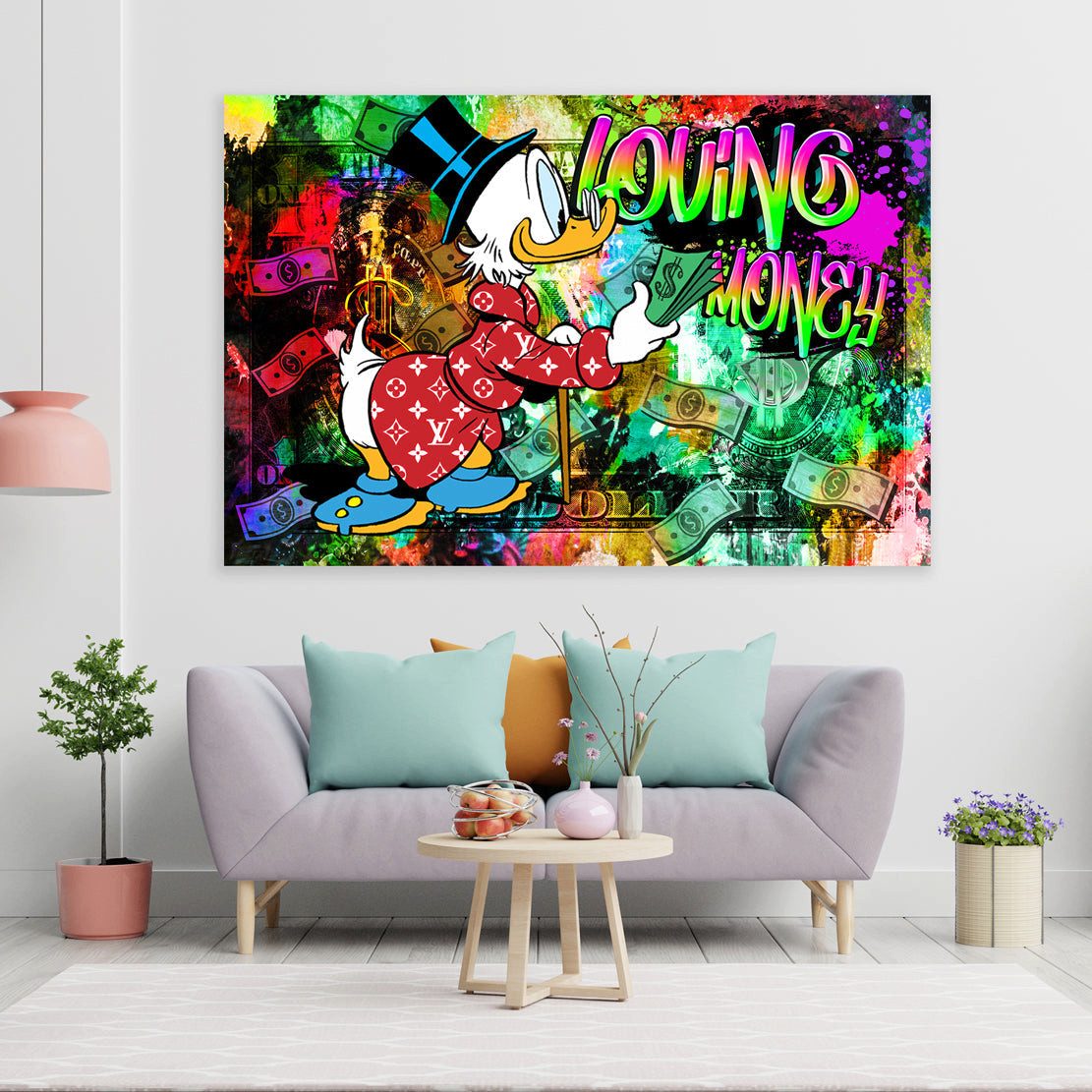 Artedinoi Leinwandbild Loving Money Duck, Comic Wandbild Leinwandbild Kunst XXL Deko, Comic-Ente, geldverliebt