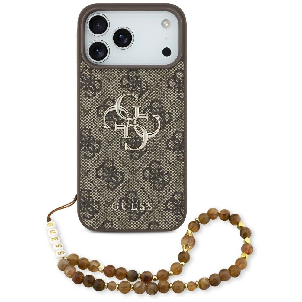 Guess Handyhülle Case iPhone 17 Pro Max Kunstleder braun Big Logo goldfarbig Kette 6,9 Zoll, Kantenschutz