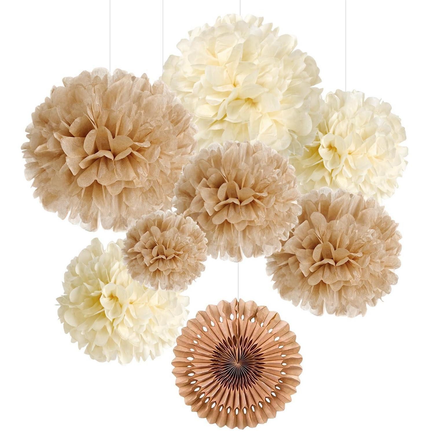 LuxusKollektion Papierlaterne Pompom Lampion Deko Set Braun Vanille 7er