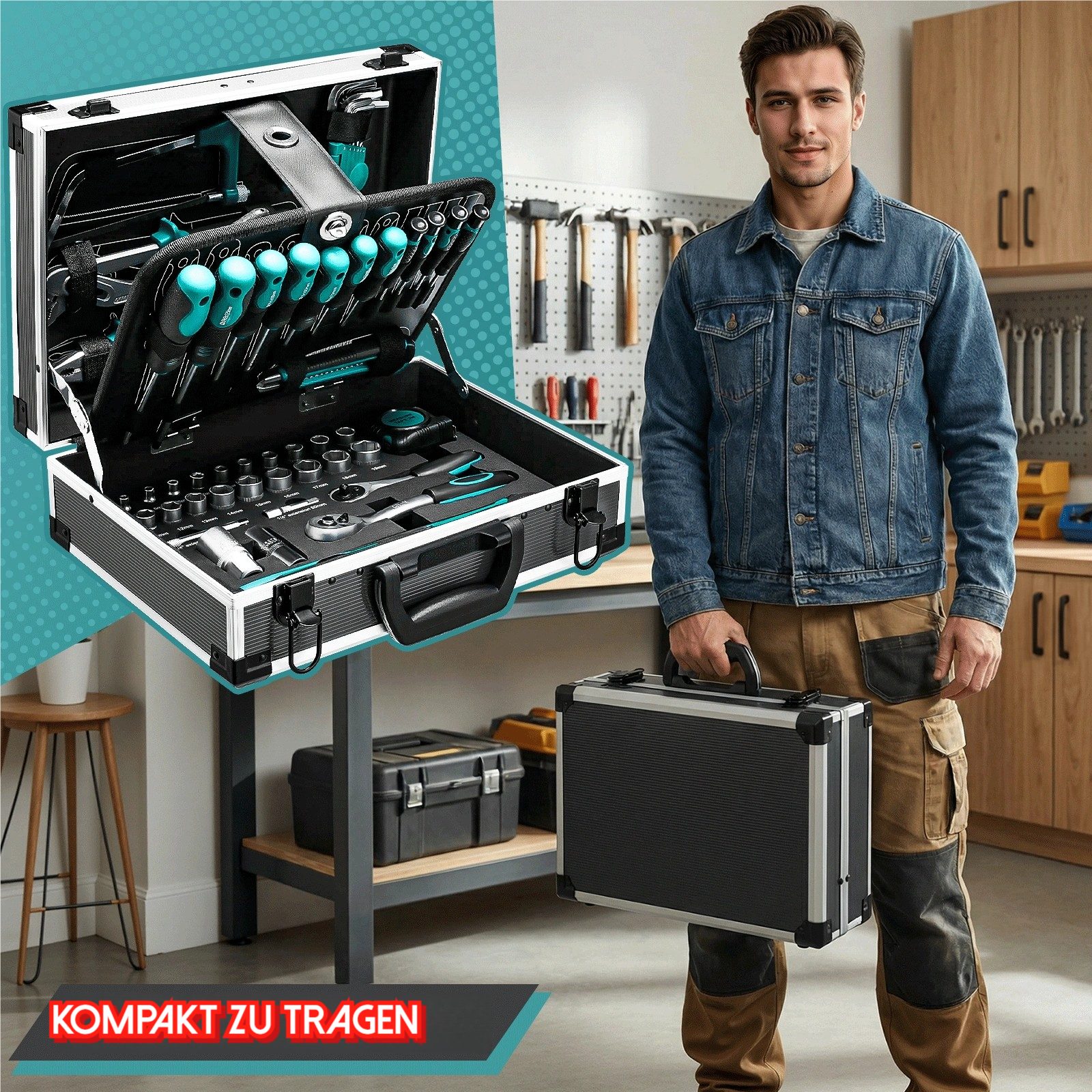 TLGREEN Werkzeugkoffer Alu-Werkstattkoffer Gefüllt 107-tlg Werkzeug Set, für DIYer Handwerks-Meister Haushalt Werkstatt