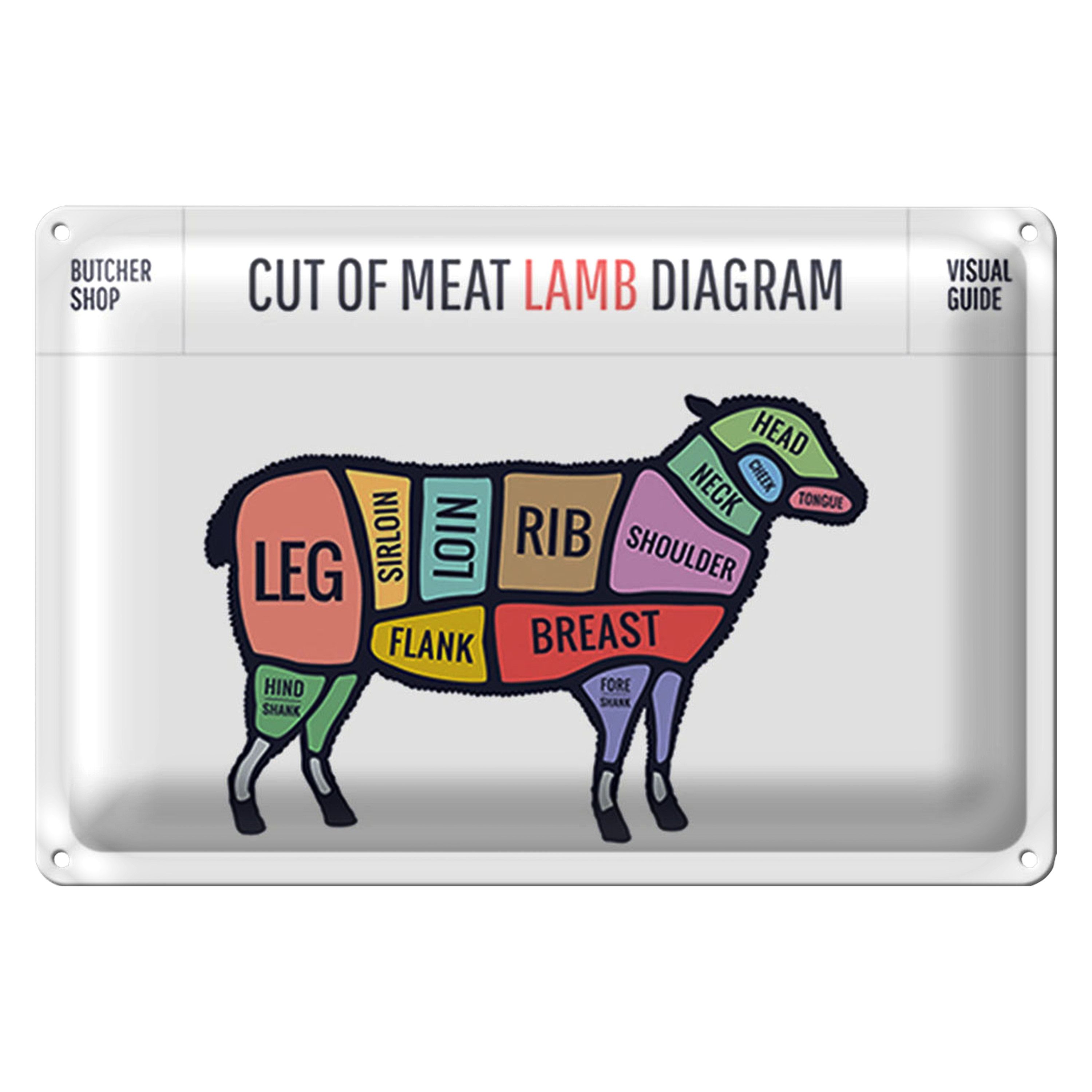 Roomando Metallschild Metzgerei 18x12cm Lamm cuts of meat lamb