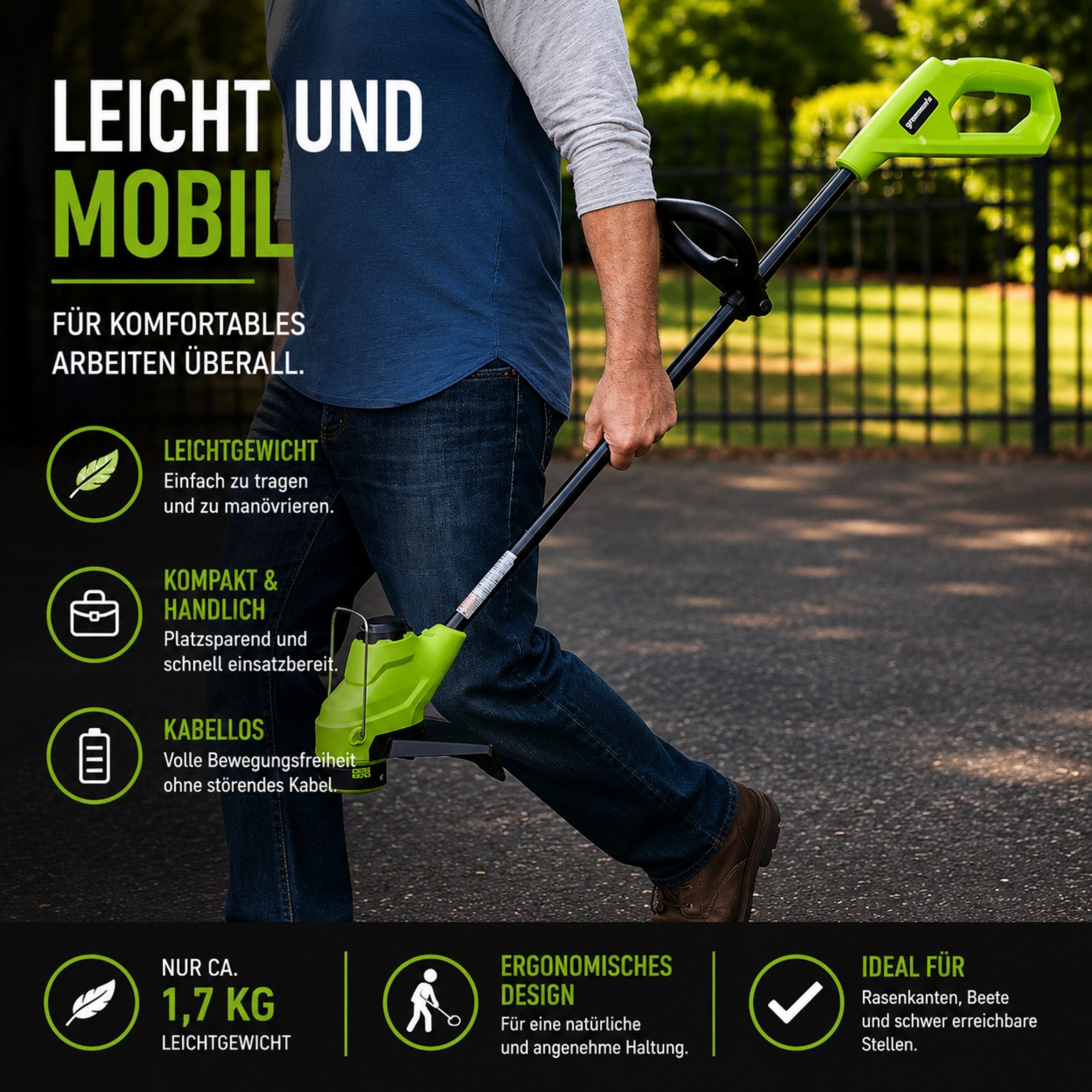 Greenworks Akku-Rasentrimmer Elektro-Rasentrimmer Akku Freischneider 24V 2000 mAh Akku & Ladegerät, 25 cm Arbeitsbreite Messer, 25 cm Schnittbreite, TorqDrive™ Motor für Gärten Rasenflächen outdoor