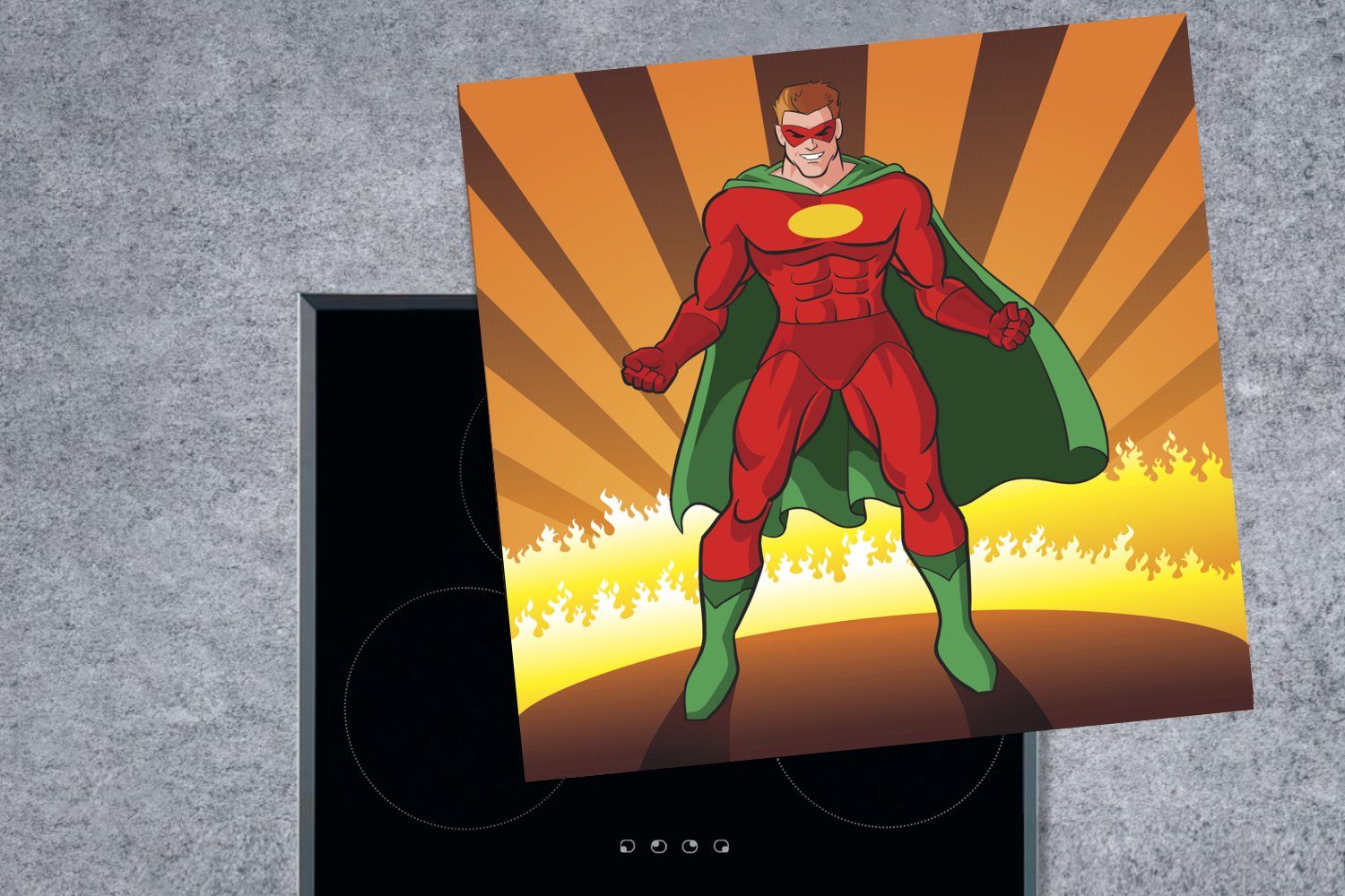 cm, 78x78 Superhelden, eines Eine umgeben Arbeitsplatte - MuchoWow Ceranfeldabdeckung, für von Jungen Vinyl, (1 -, küche Illustration Herdblende-/Abdeckplatte Feuer tlg),