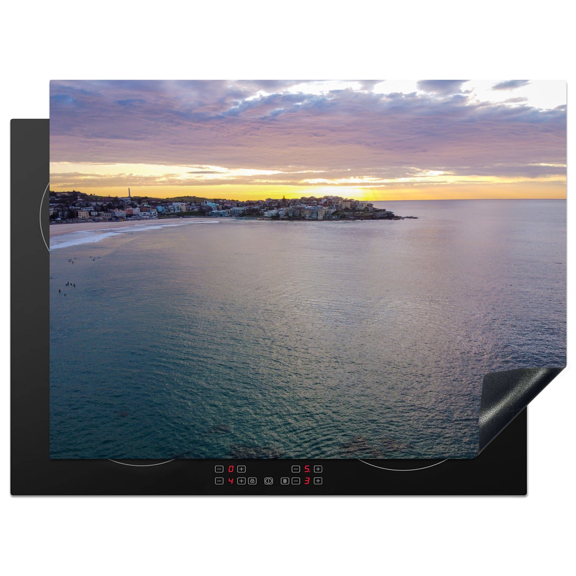 am Mobile Meer dem über Herdblende-/Abdeckplatte Bondi cm, 70x52 MuchoWow tlg), Arbeitsfläche Vinyl, Beach, Sonnenuntergang nutzbar, Ceranfeldabdeckung (1