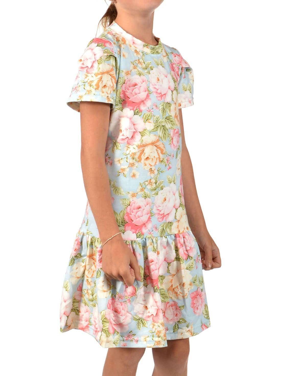 Kleid bequem mit zu 30367 tragen Sommerkleid (1-tlg) Kräuselfaltenrock Hellblau Rose KMISSO Mädchen