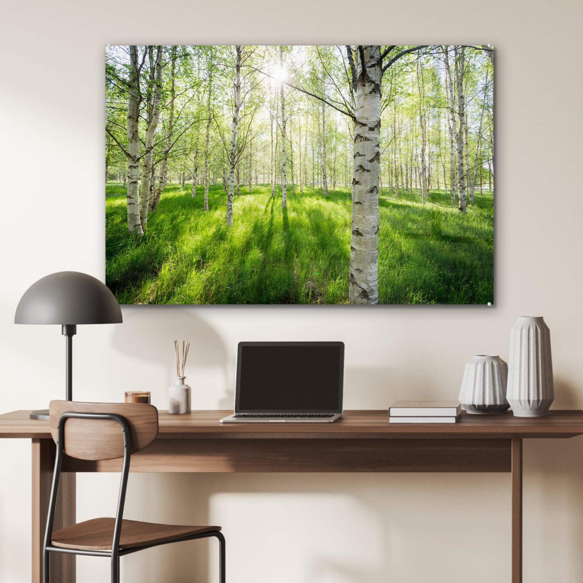 Acrylglasbild MuchoWow - (1 - Acrylglasbilder Schlafzimmer Birke Wohnzimmer St), & Frühling, Wald