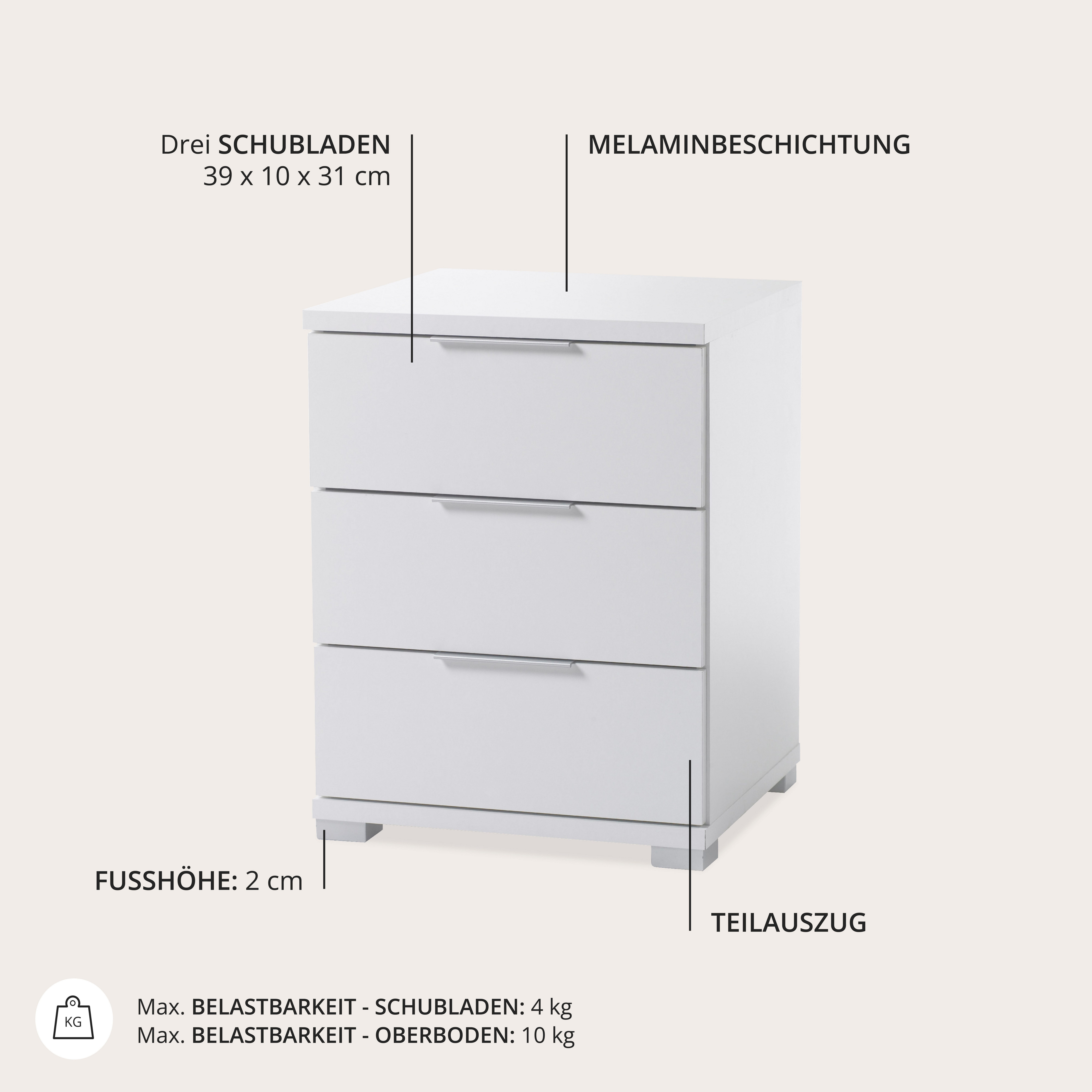 Schlafkontor Nachtkommode Smilla Nachttisch, Nachtkonsole mit Schubkästen, Korpus melaminbeschichtet, silberfarbige oder schwarze Griffe