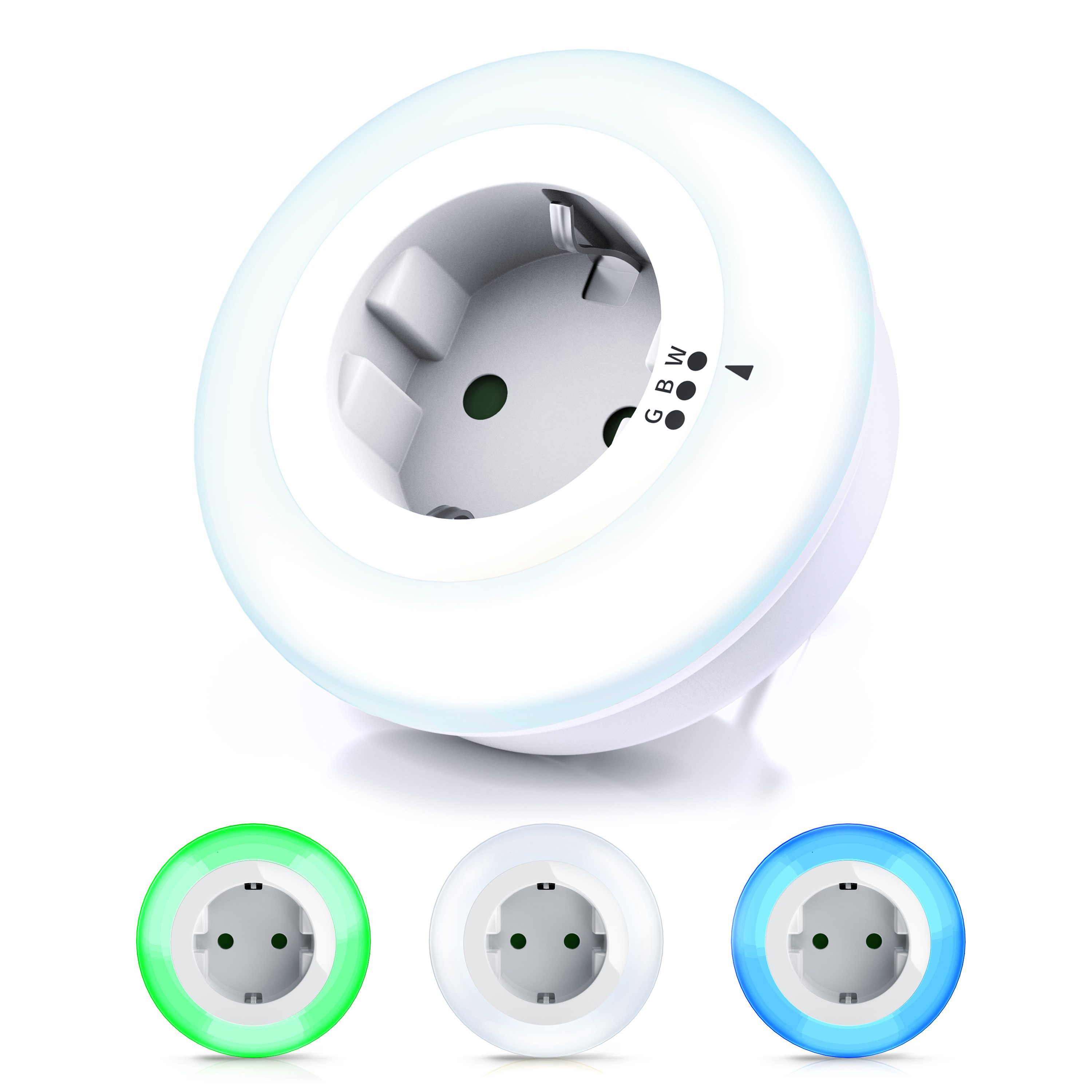 Brandson LED Nachtlicht Nachtlampe mit Zwischenstecker & auswählbaren Farben - Weiß/Grün/Blau, mit LED, Tageslichtsensor, Nachtlichtfunktion, LED fest verbaut, Farbwechsler, Steckdosenlicht mit Helligkeits- & Dämmerungssensor, für Flur & Bad