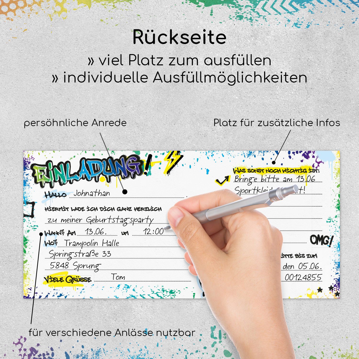 younikat Einladungskarten 15 Graffiti Einladungskarten mit effektvollem Hochglanz Lack 21x9,8 cm
