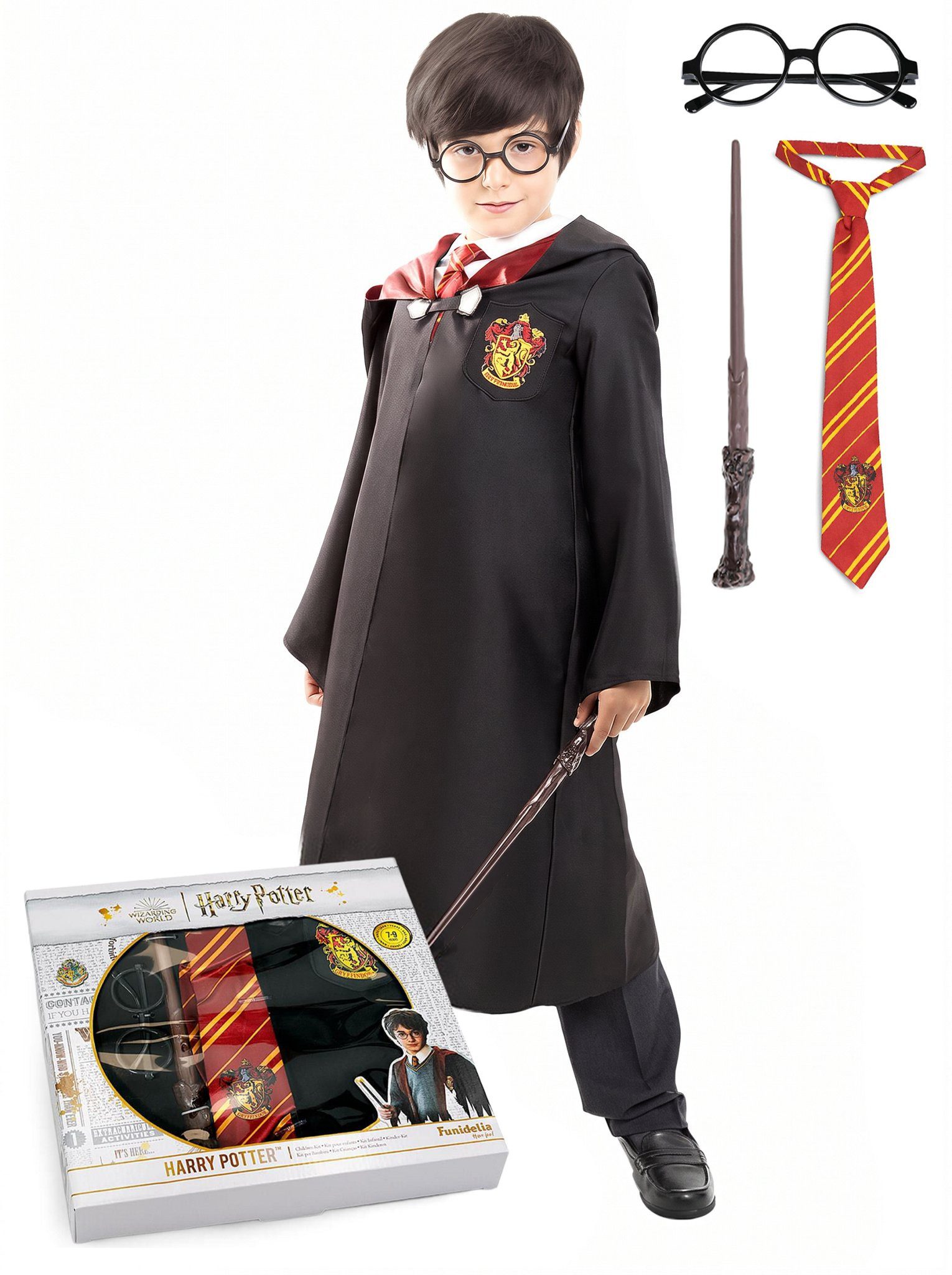 Funidelia Zauberer-Kostüm Harry Potter Kostüm Set - Faschingskostüm Kinder, Das komplette Potter-Paket mit Umhang, Krawatte, Brille und Zauberstab