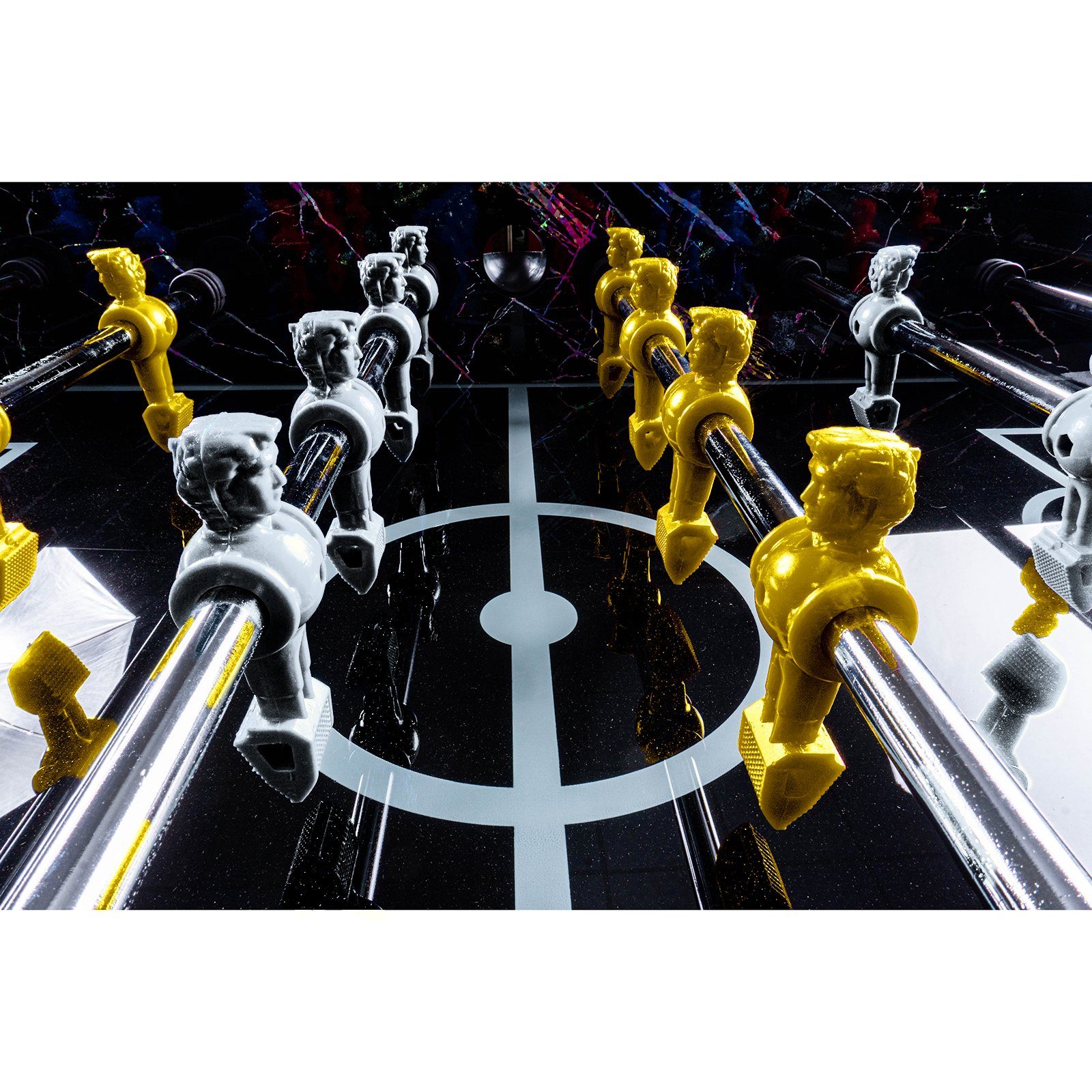 RAMROXX Kickertisch Fußball Premium Schwarz Glasspielfeld Figuren Weiss Gelb 80kg