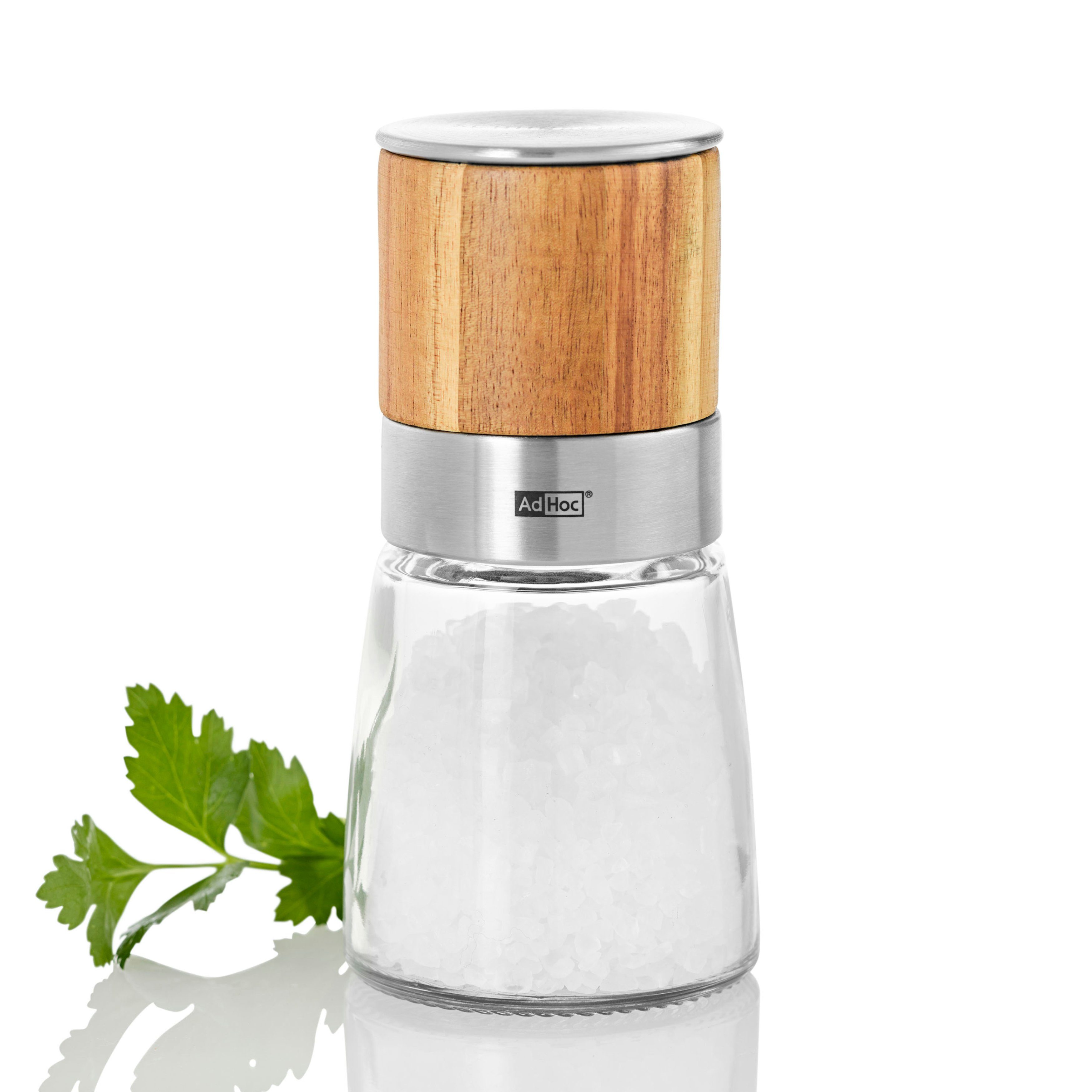 AdHoc Salz-/Pfeffermühle Akasia manuell, (1 Stück), edler Glascontainer, Naturholz und Keramik-Mahlwerk