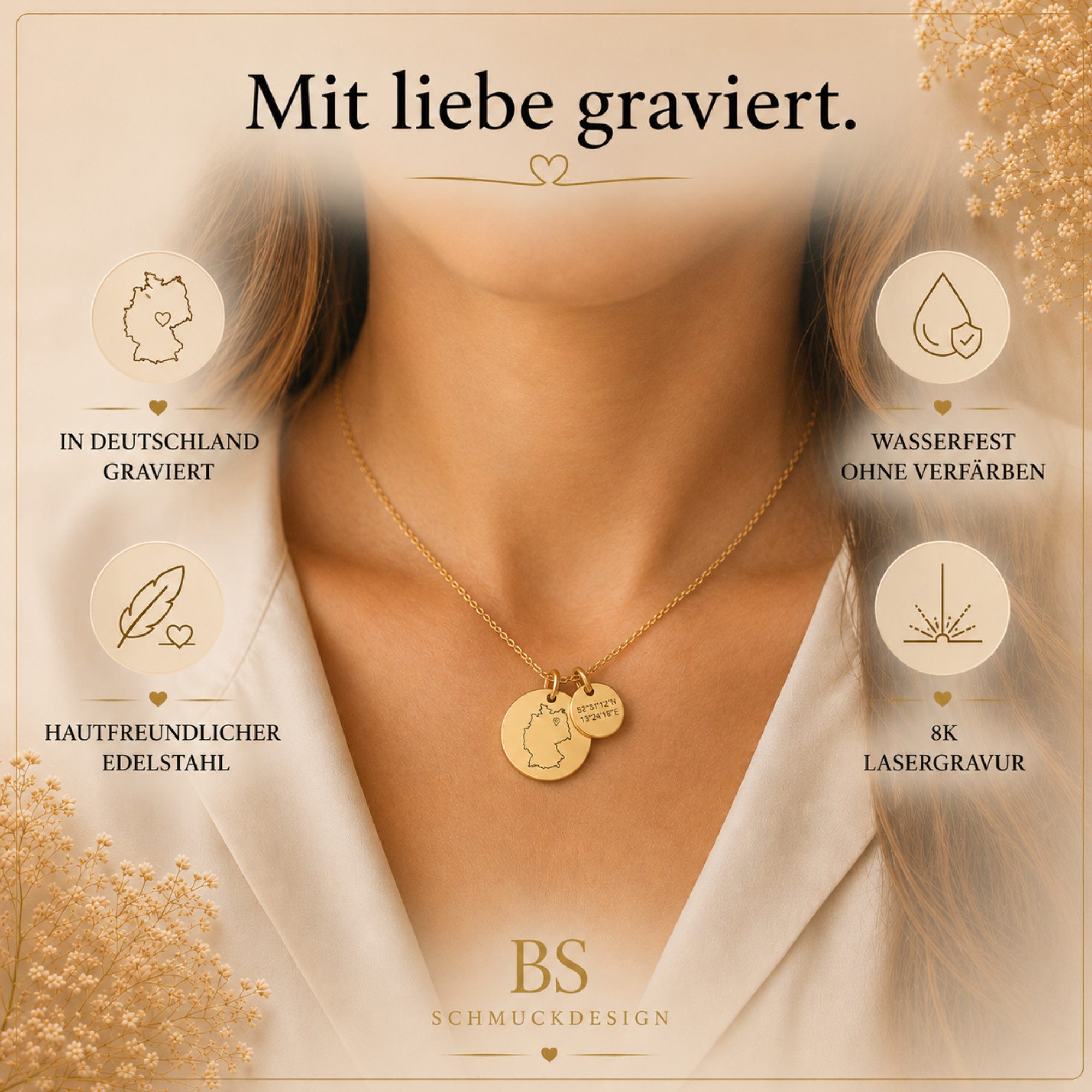 BS Schmuckdesign Kette mit Anhänger mit Gravur Personalisierte Halskette Damen Lieblingsort Gravur Koordinaten Symbol (inkl. Gravur), vollständig personalisierbar inkl. Geschenkbox