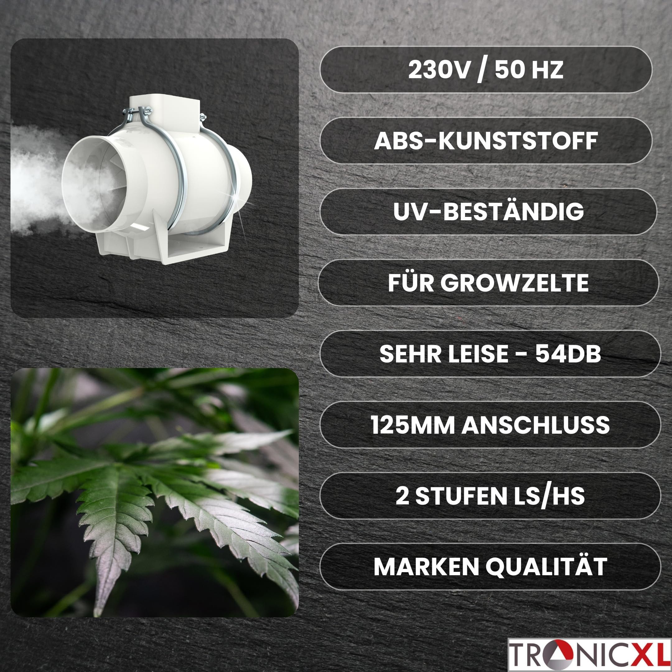 TronicXL Turboventilator Turboventilator Rohrventilator 125mm Lüfter leise für Growbox Grow, leiser Betrieb für Zelte Schrank Zubehör