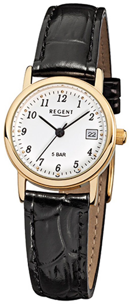 Regent Quarzuhr Regent Damen-Armbanduhr schwarz Analog, (Analoguhr), Damen Armbanduhr rund, klein (ca. 25mm), Lederarmband