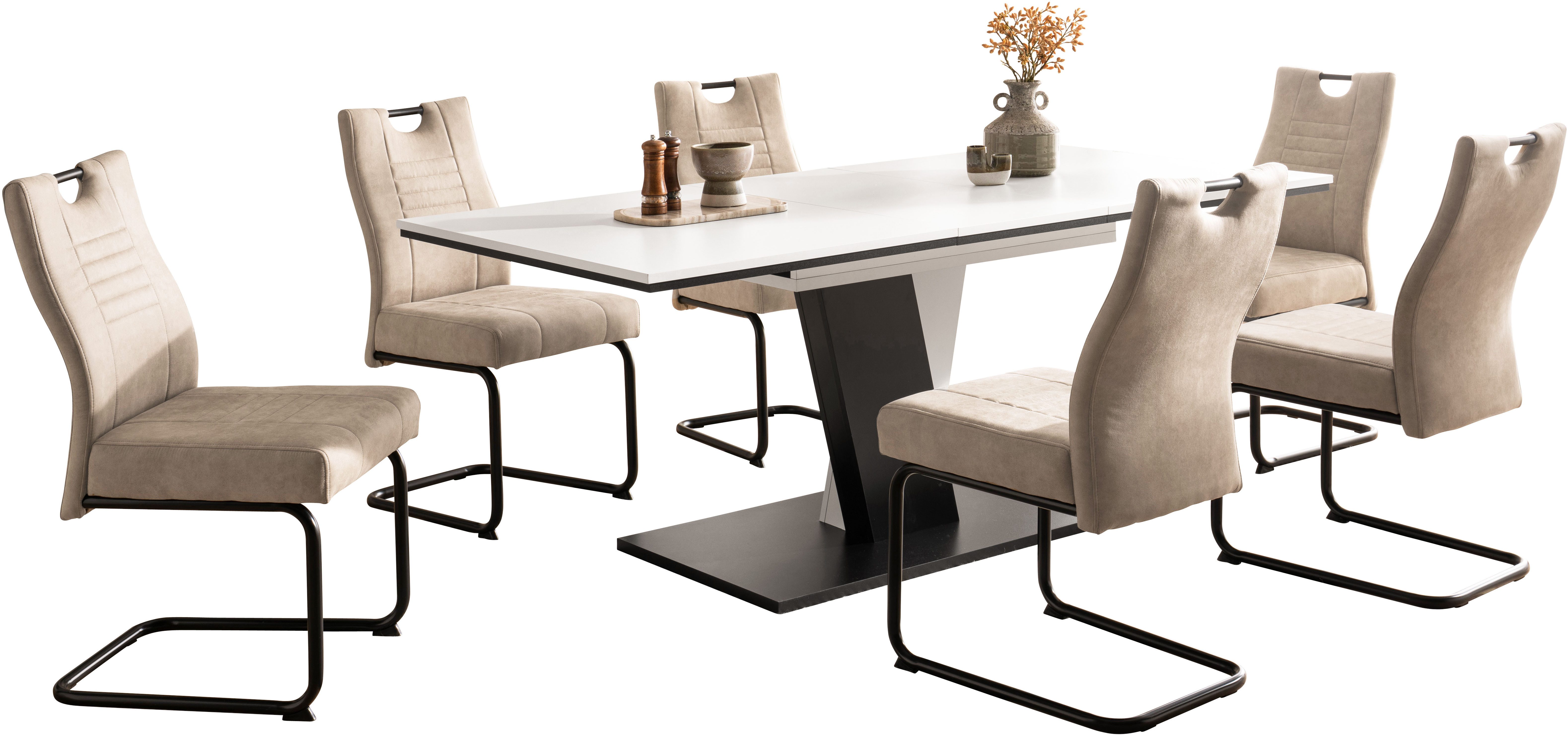 OTTO home Essgruppe "Altona", Esstisch ausziehbar plus 6 Stühle, TOPSELLER!, (7-tlg., Esstisch ausziehbar 140 - 180 cm, 6 Freischwinger), Säulentisch 140-180x90 cm, Stuhl mit Federkorb, 140 kg belastbar