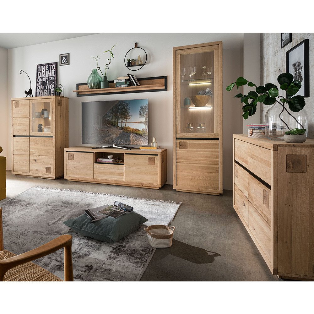 Lomadox Wohnzimmer-Set WINCHESTER-69, (Mega-Spar-Set, 5-St., Highboard Sideboard Vitrine Wandboard Lowboard), Wohnzimmermöbel Hochkommode Tisch Eiche massiv Hirnholz-Detail