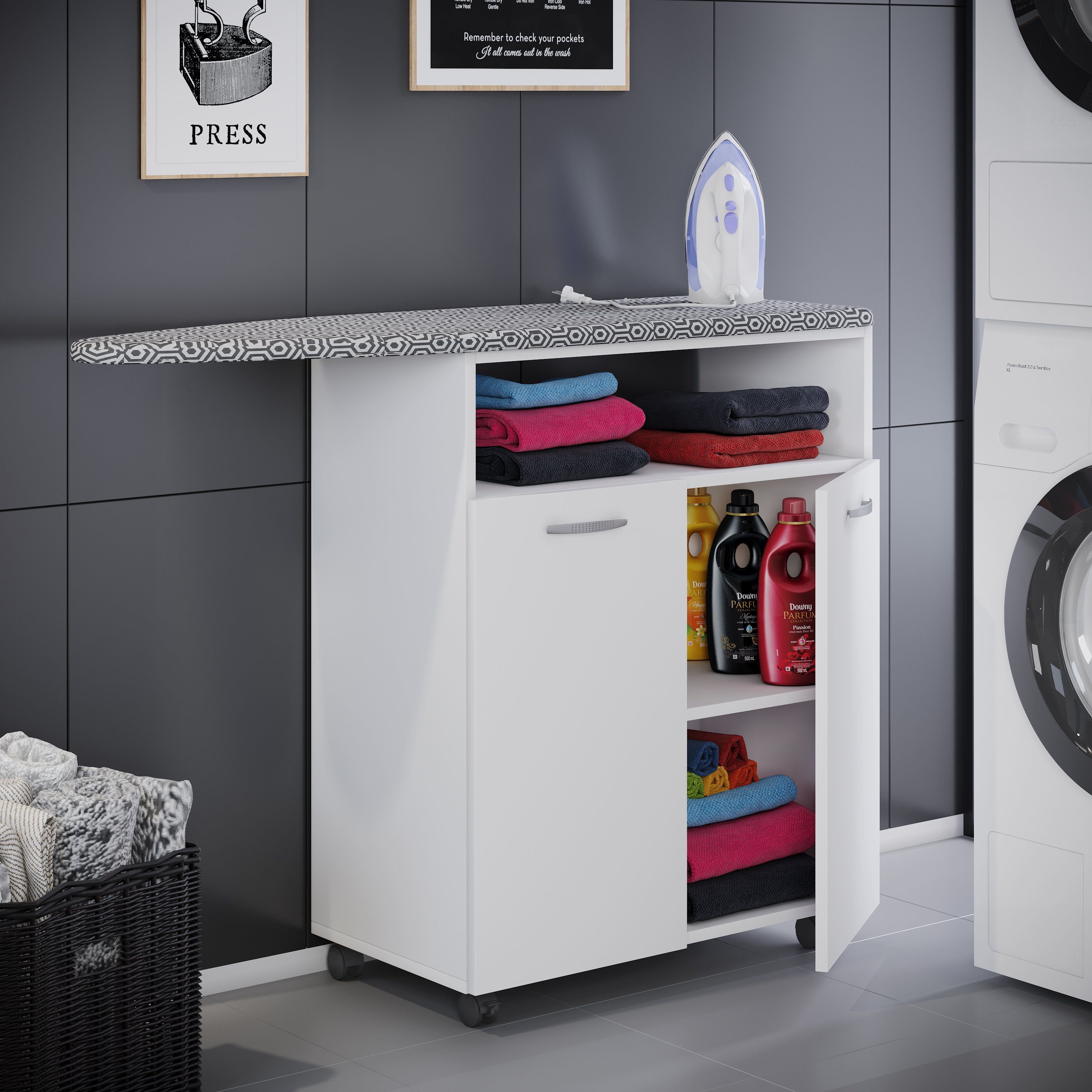 VCM Kommode Holz Bügelbrett Kommode Sideboard Rollen Bigilo