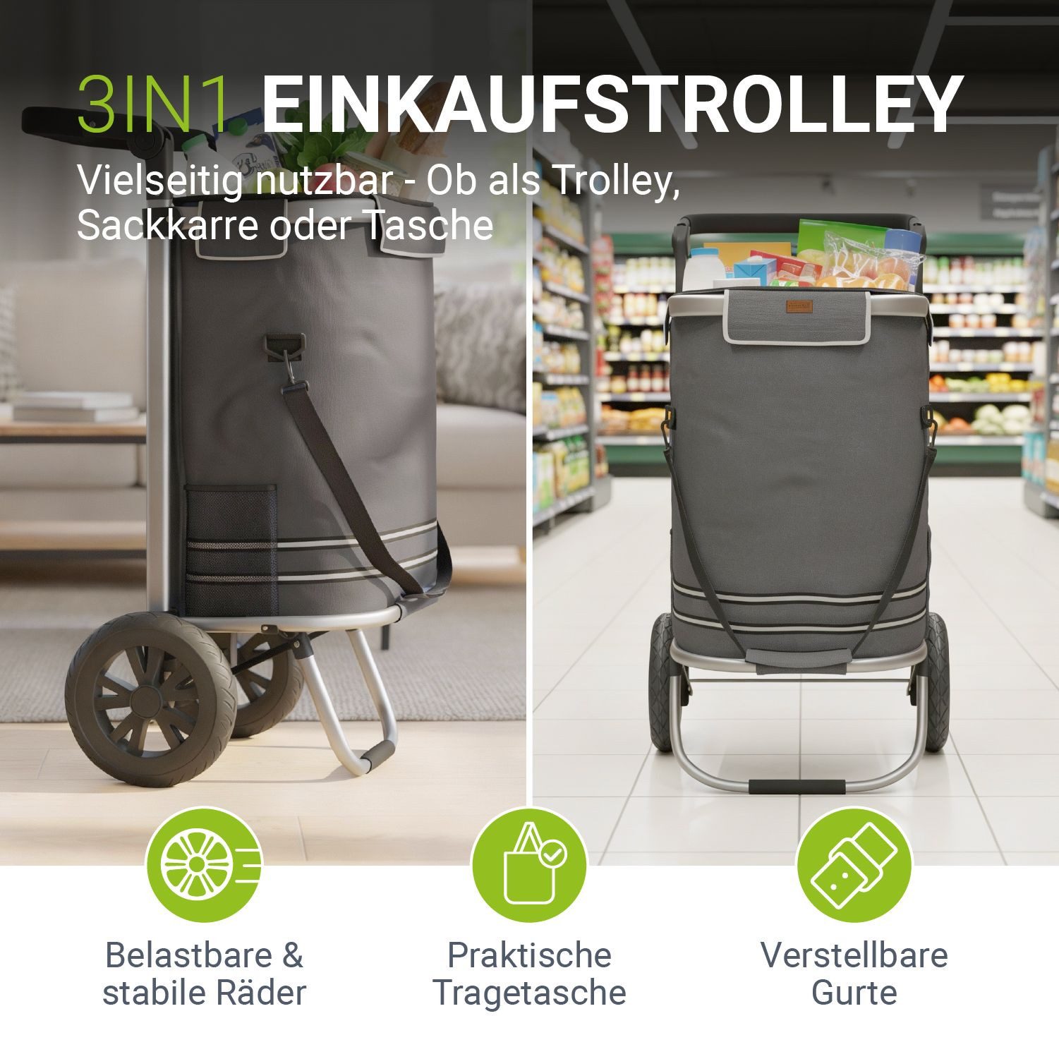 Juskys Einkaufstrolley 3in1, 56 l, mit 2 Rollen und Kühlfach, klappbar und modern, auch als Sackkarre